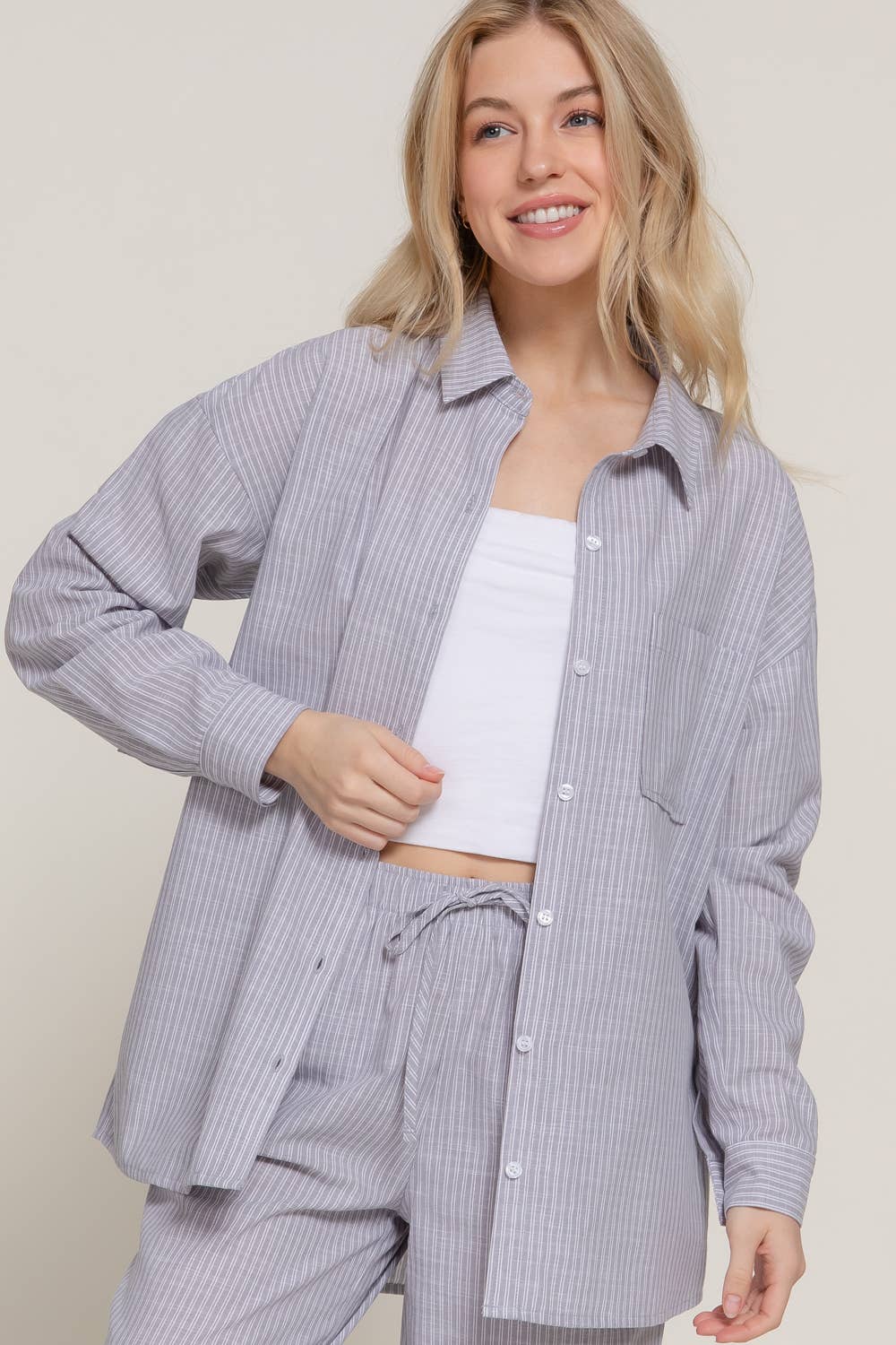 Long Sleeve Button Down Stripe Gauze Shirt