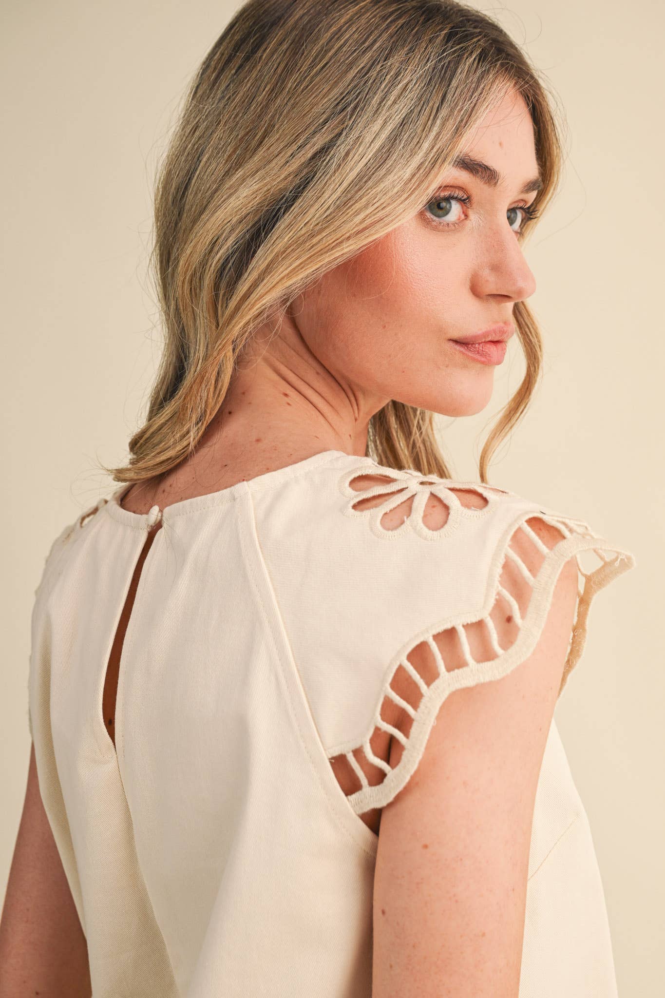 Embroidered Cut-Out Cap Sleeve Top
