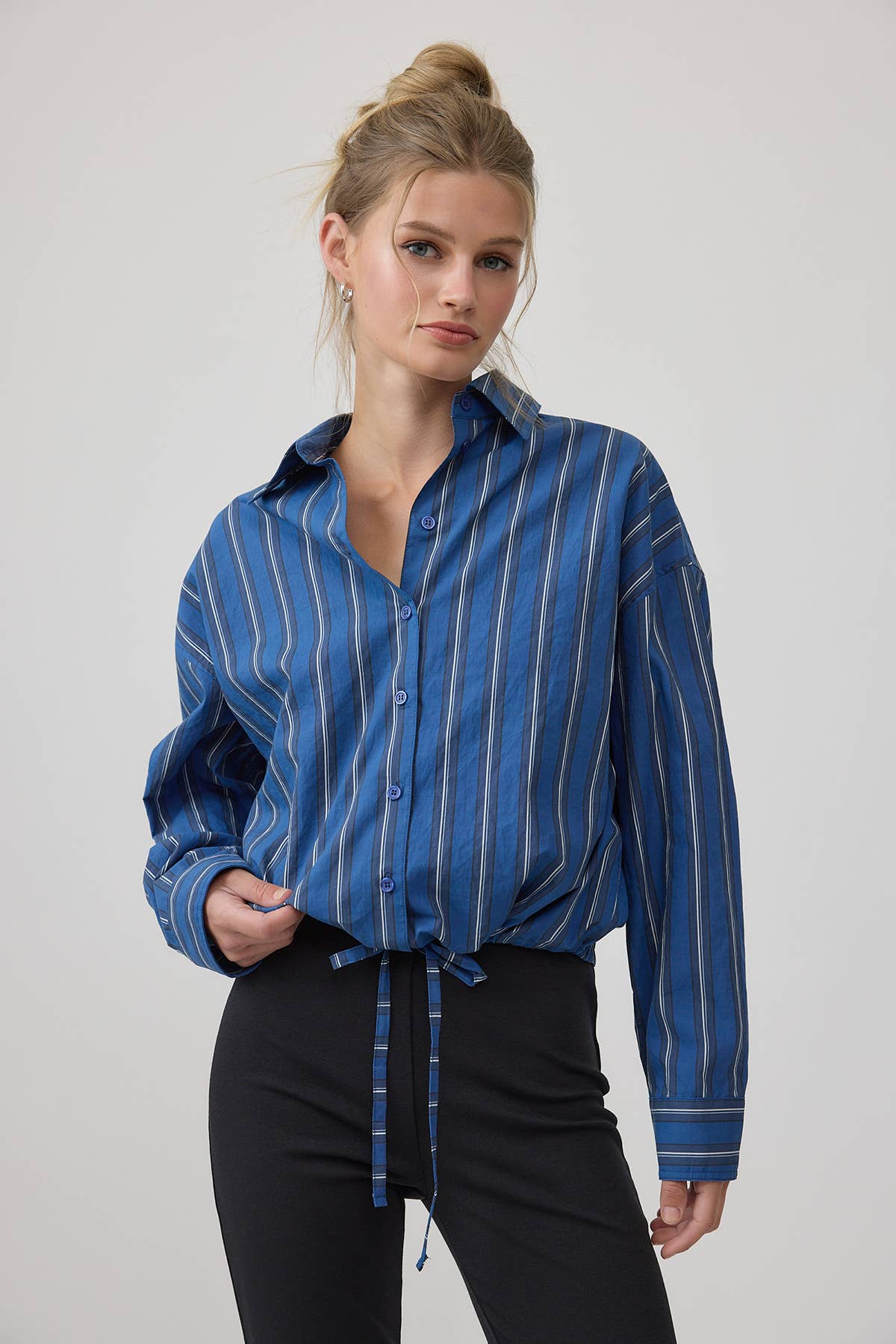Stripe Button-Up Drawstring Shirt