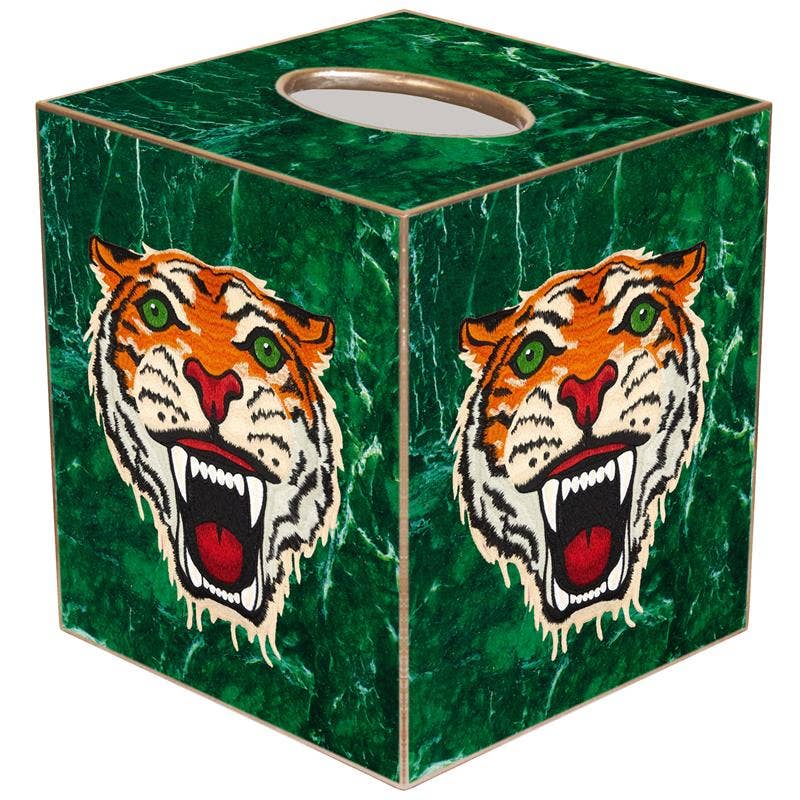 Tiger on Malachite Paper Mache Tissue Box Cover