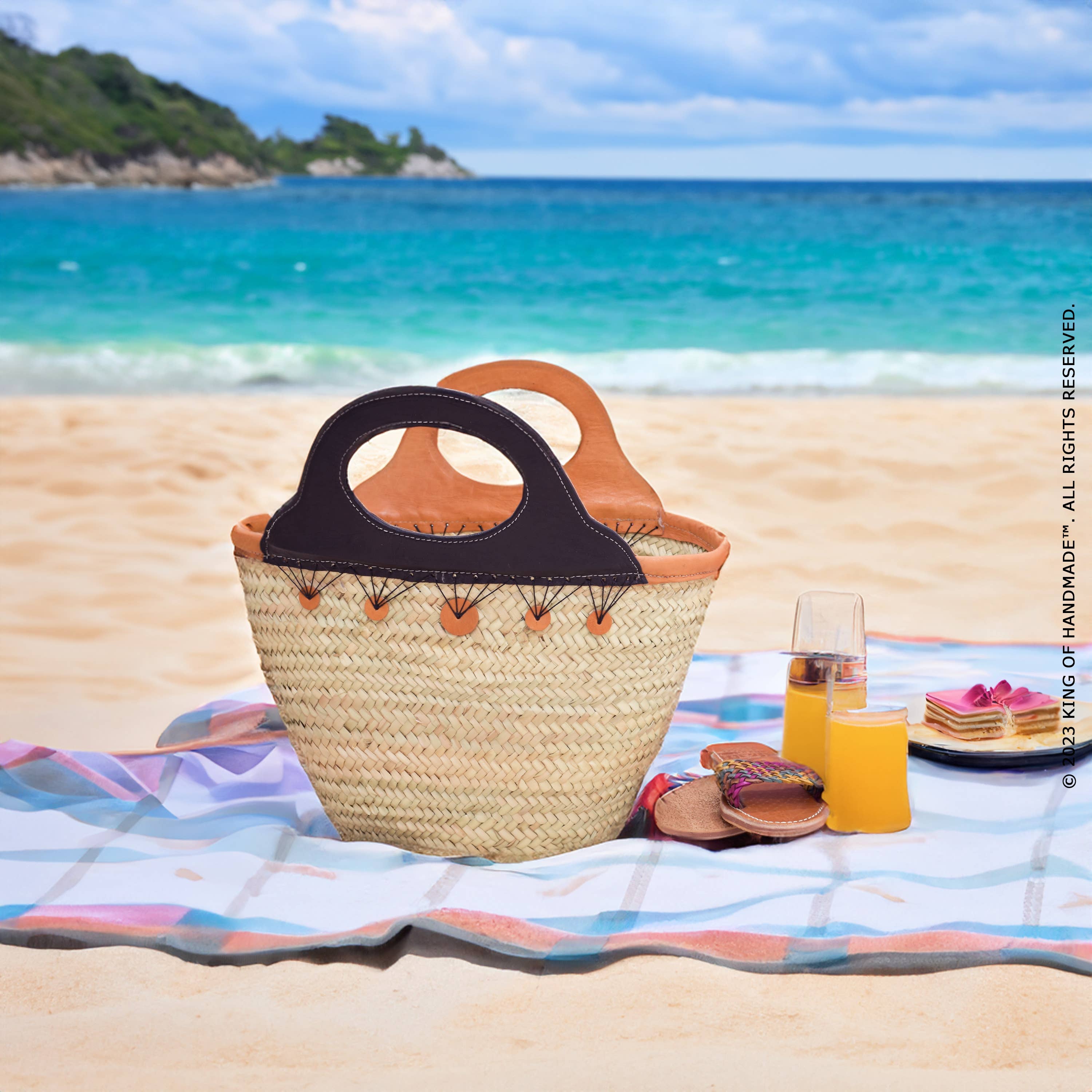 Leather Handle Straw Bag