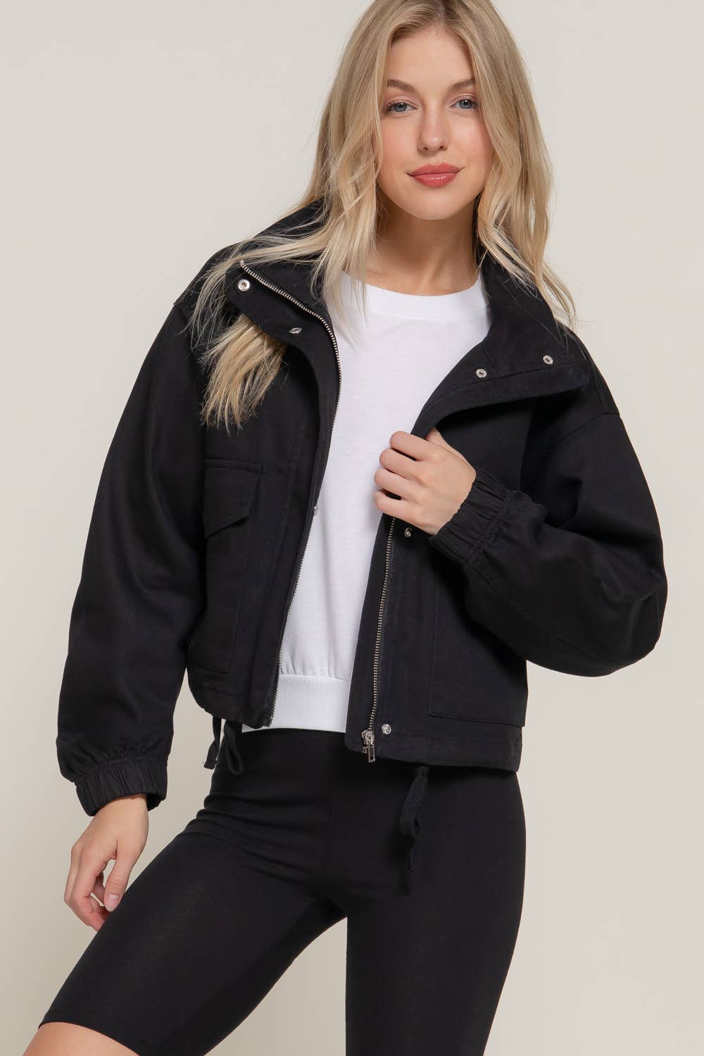 Cropped Zipper Twill Jacket