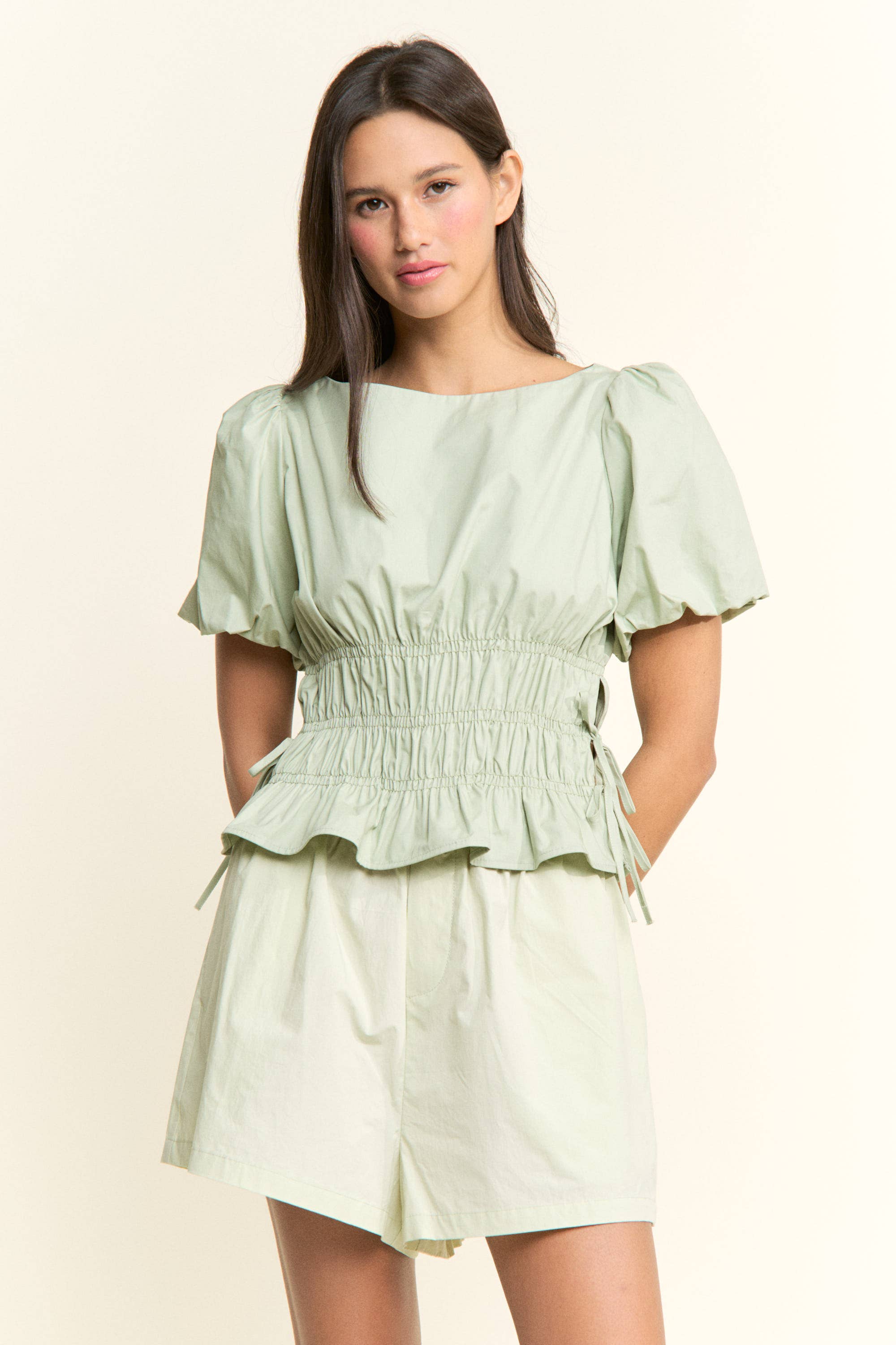 Boat Neckline Smocked Puff Sleeve Top