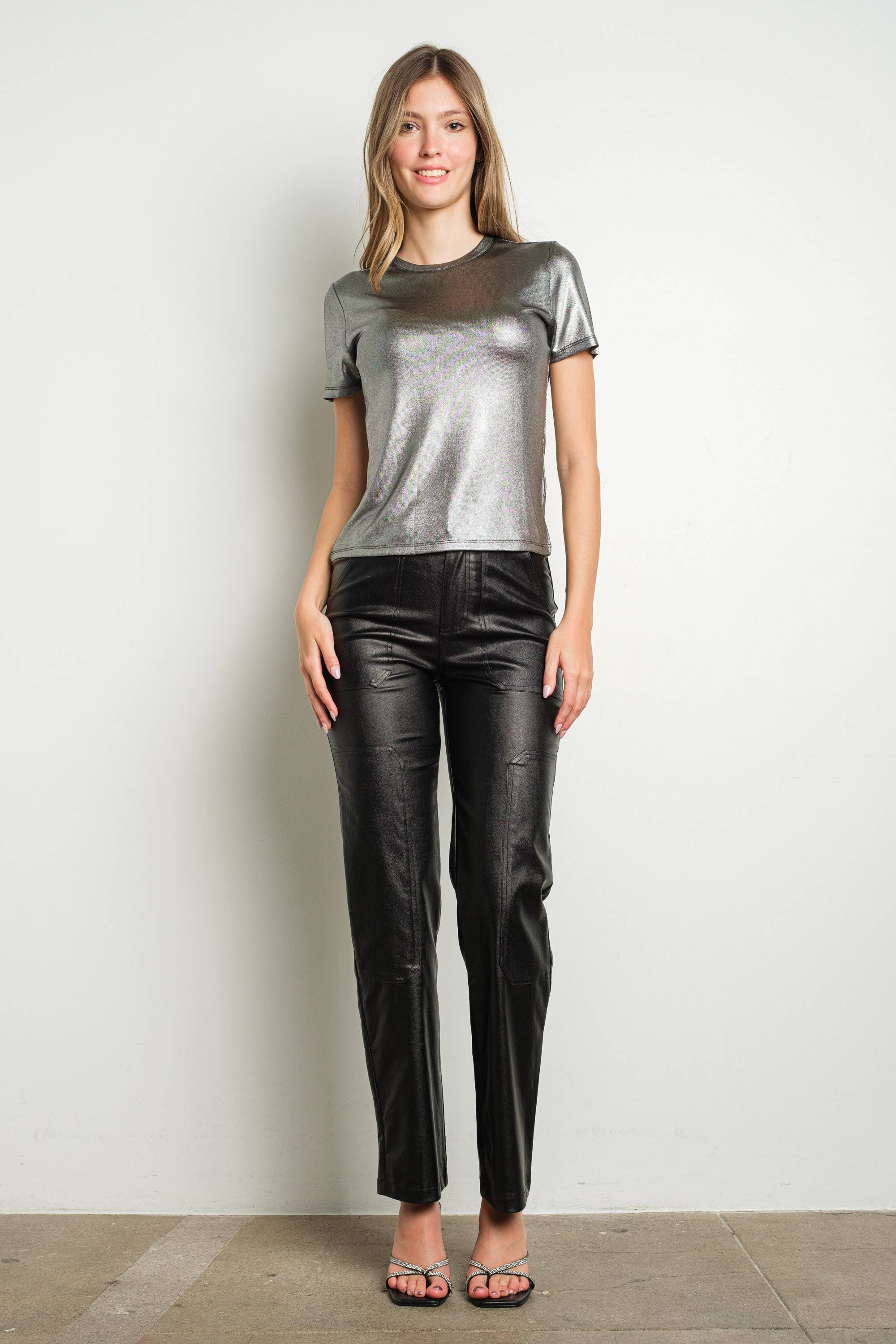 Stretch Metallic High Rise Straight Leg Pants