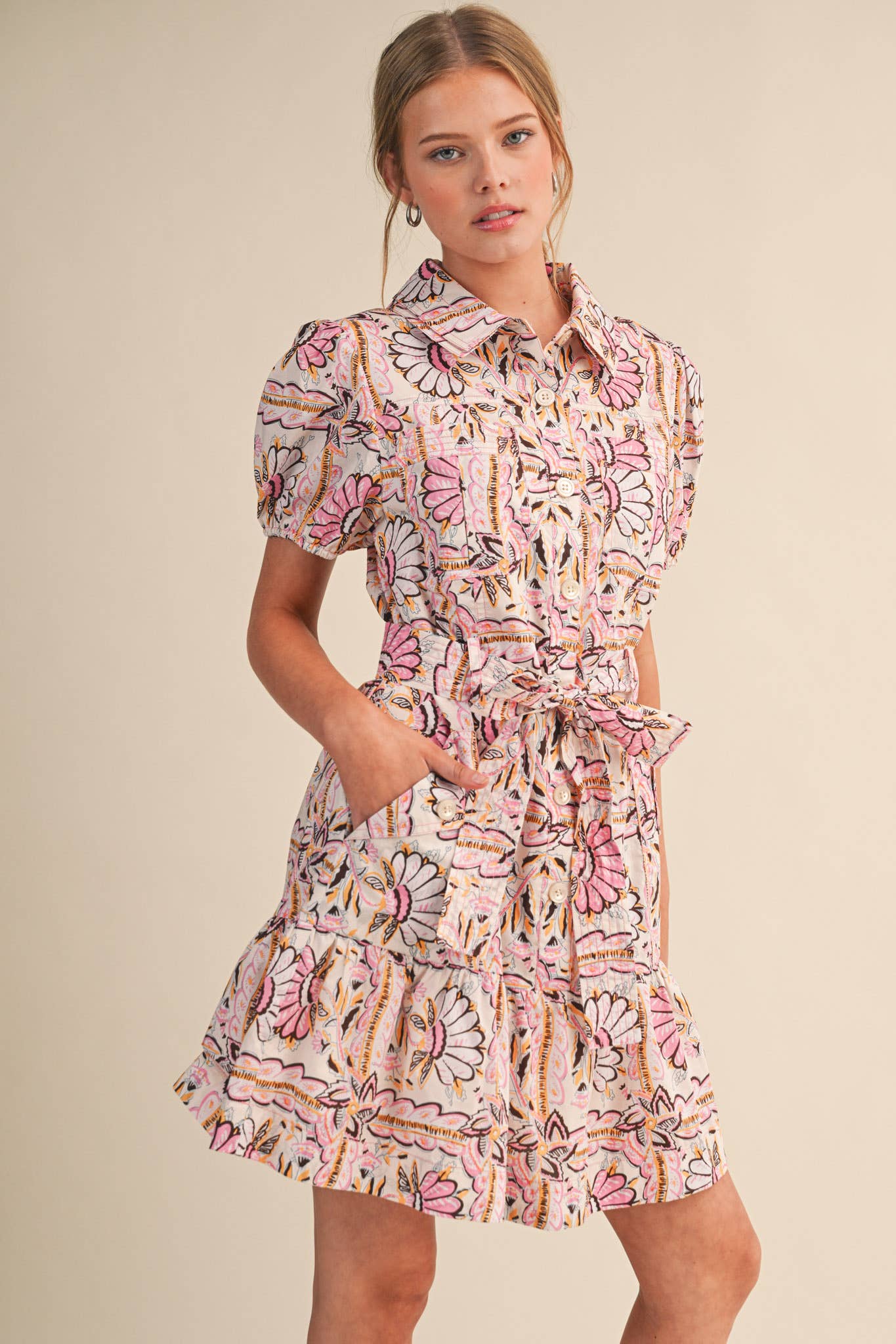 Floral Button Down Puff Sleeve Mini Dress