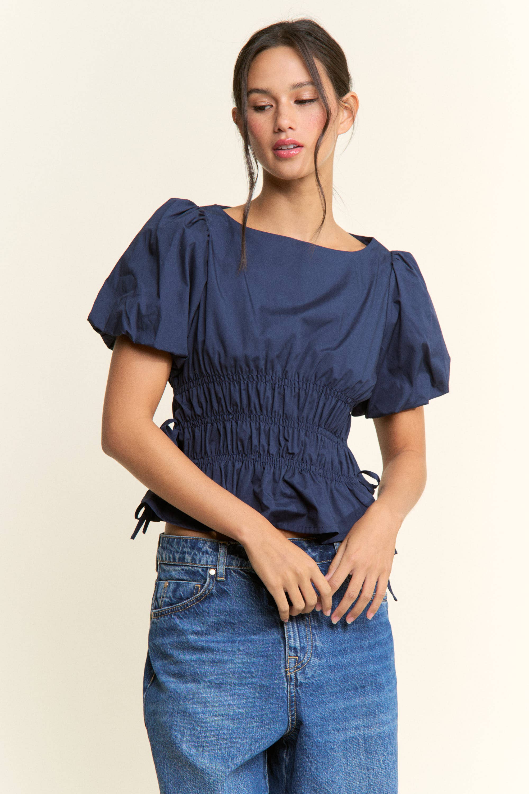 Boat Neckline Smocked Puff Sleeve Top