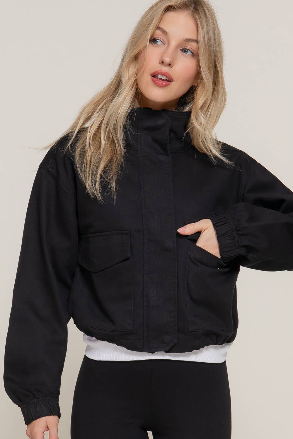 Cropped Zipper Twill Jacket