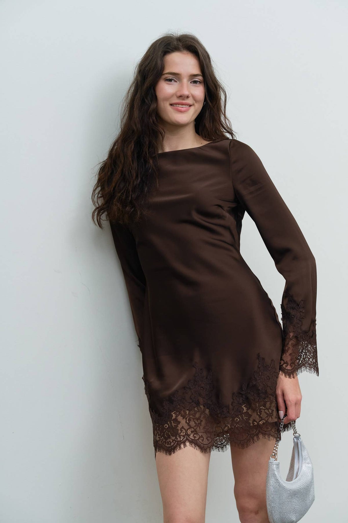 Satin Boat Neck Lace Trim Mini Dress