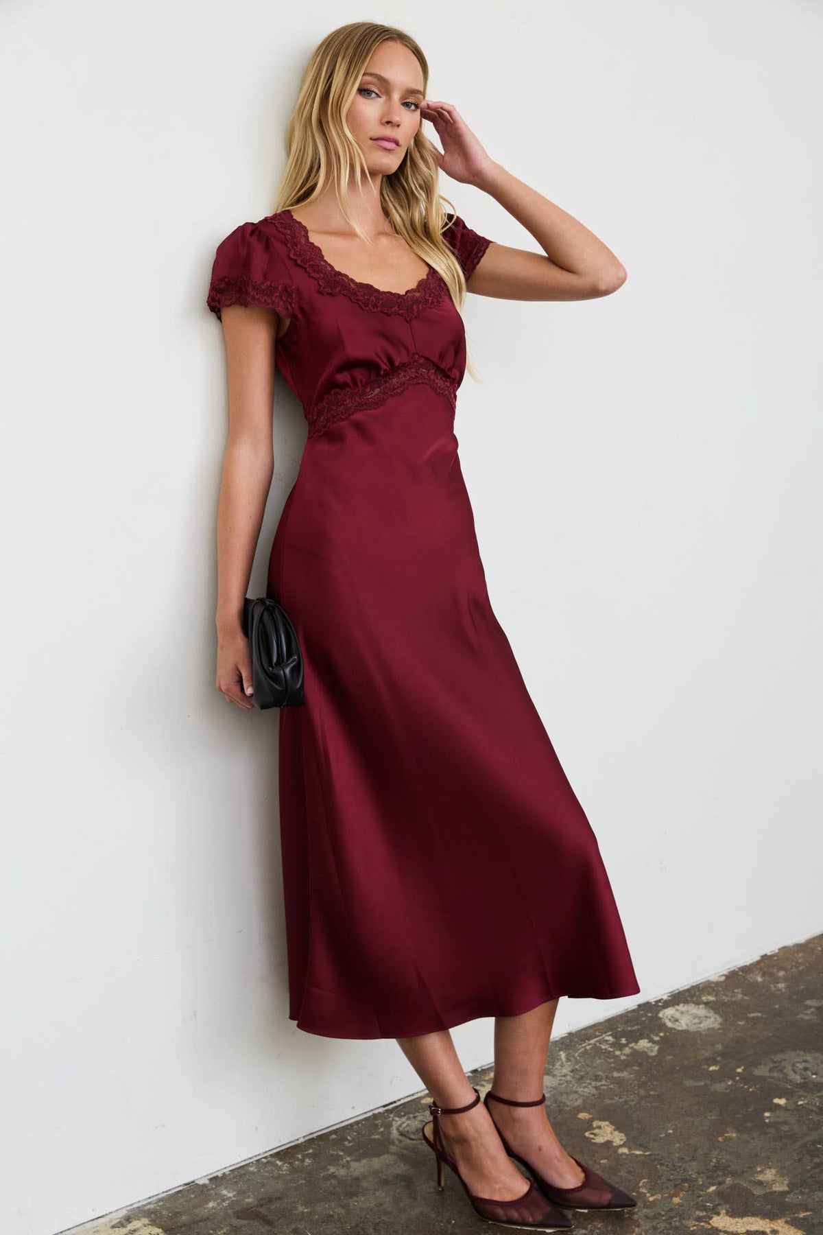 Satin Lace Trim Midi Dress