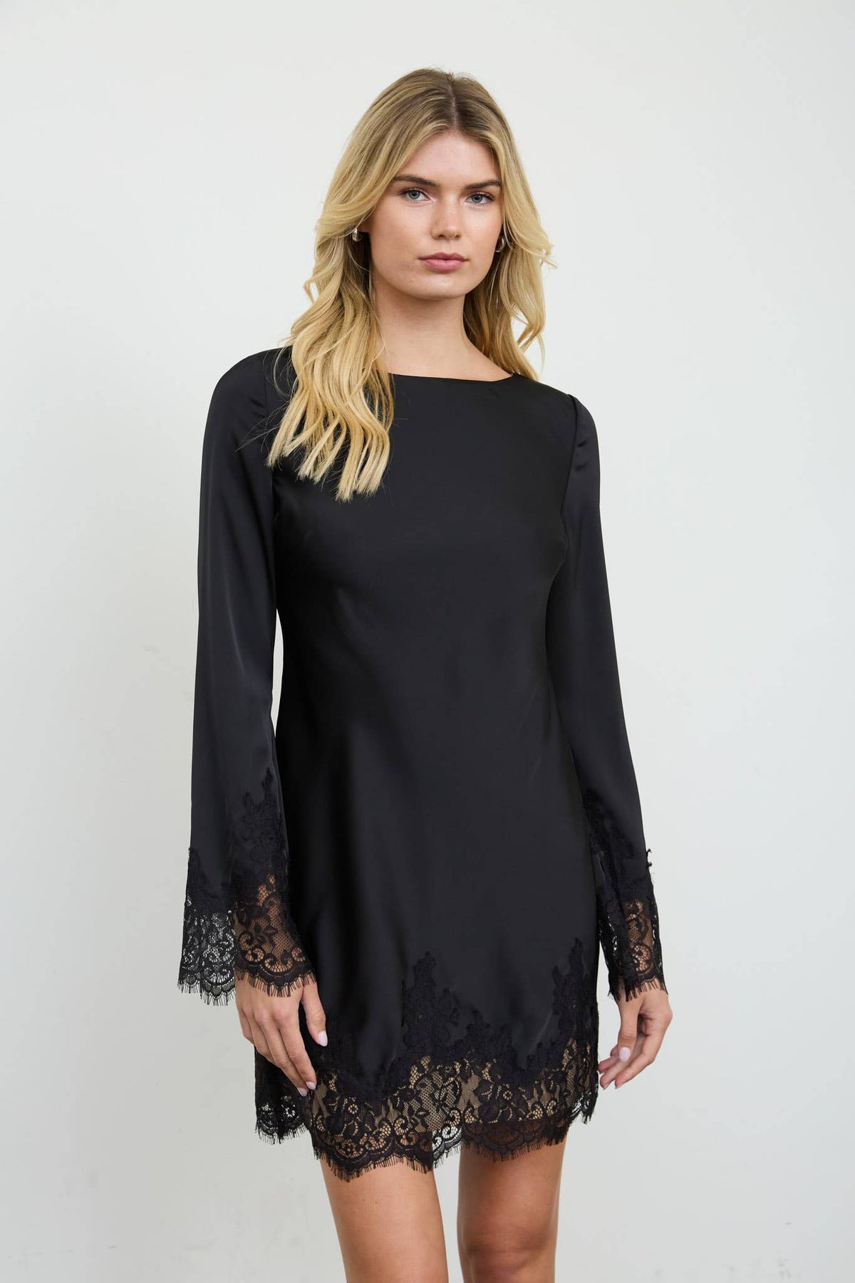 Satin Boat Neck Lace Trim Mini Dress