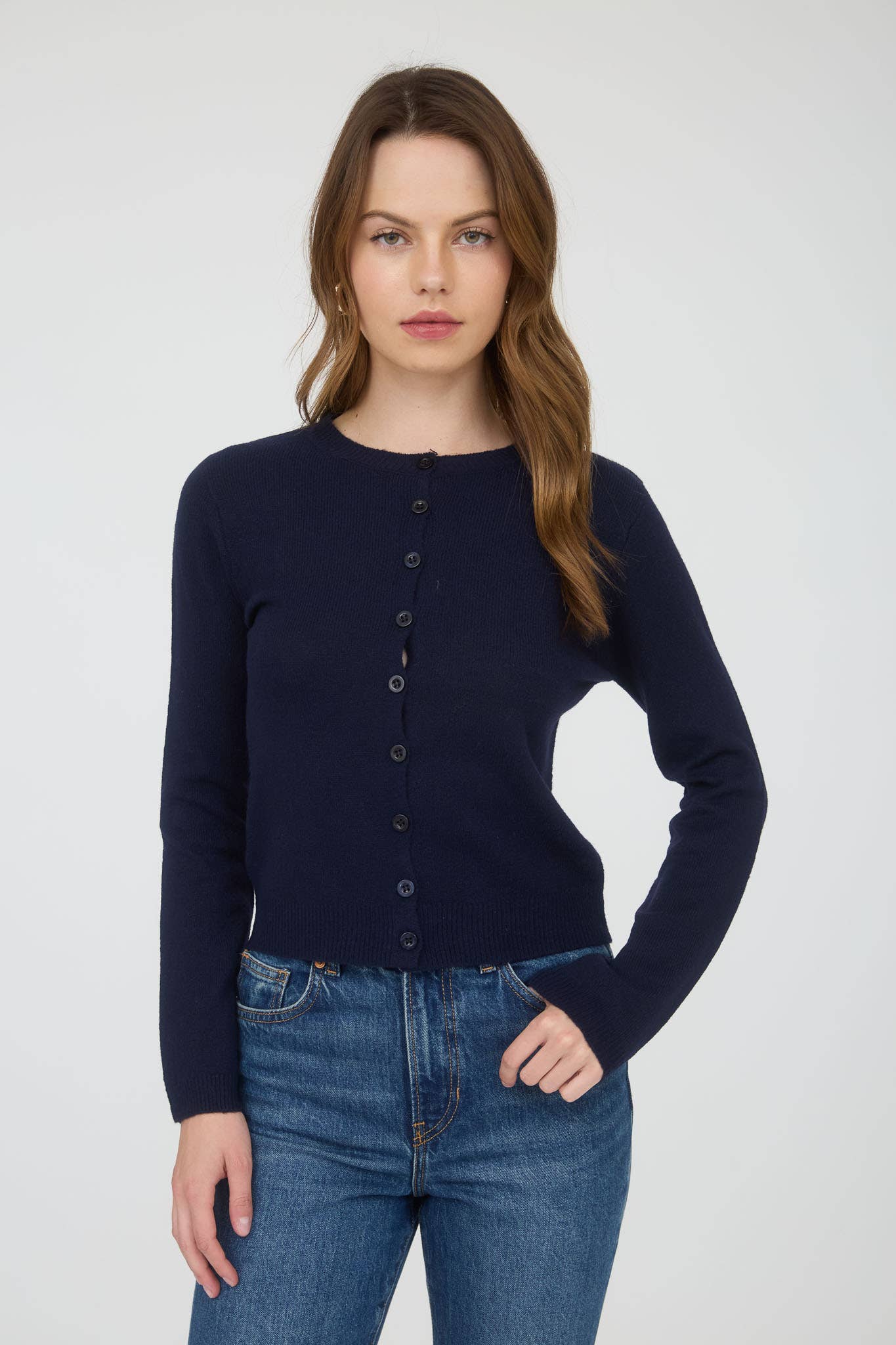 Round Neck Button Down Long Sleeve Cardigan