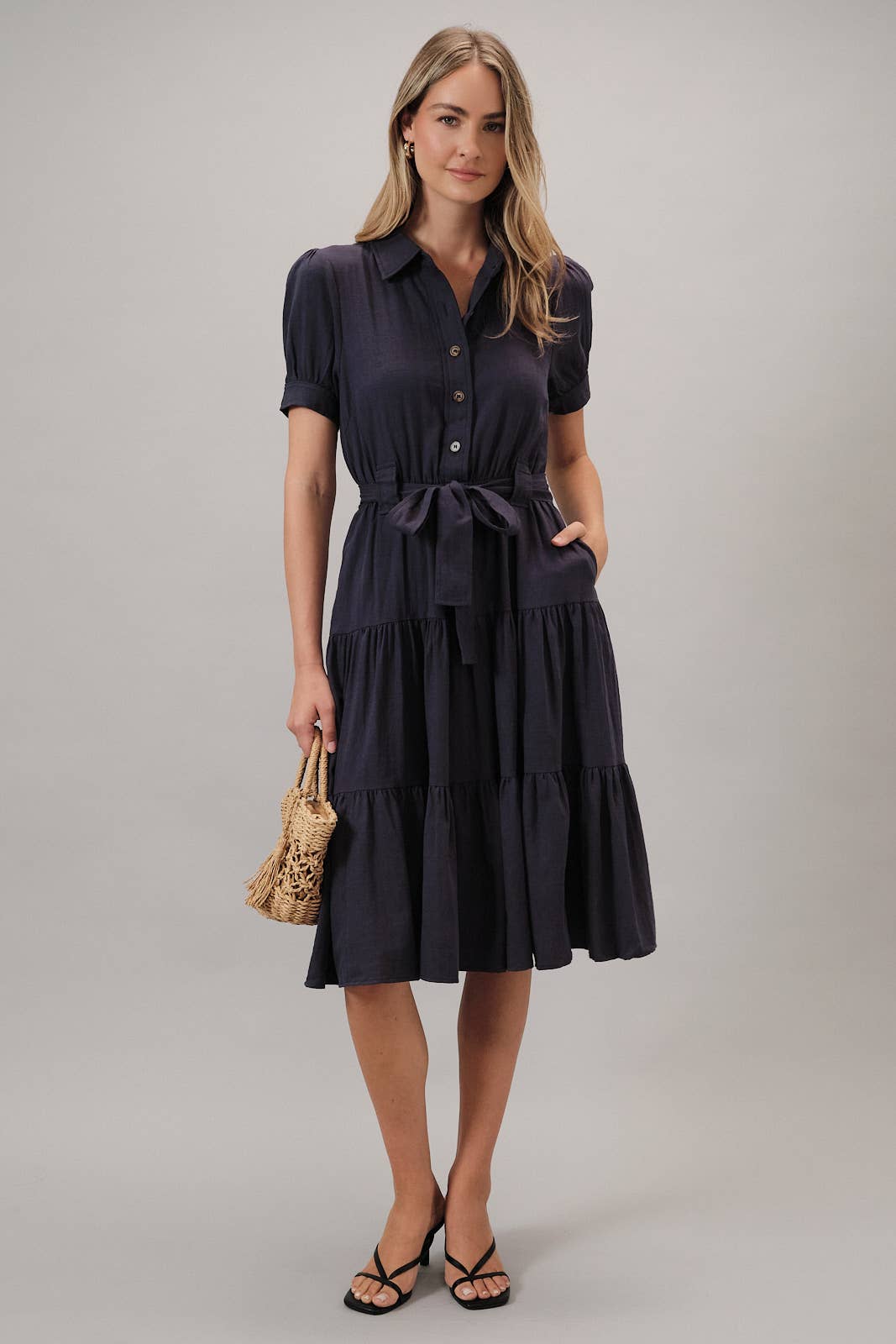 Short Sleeve Belted Midi Dress