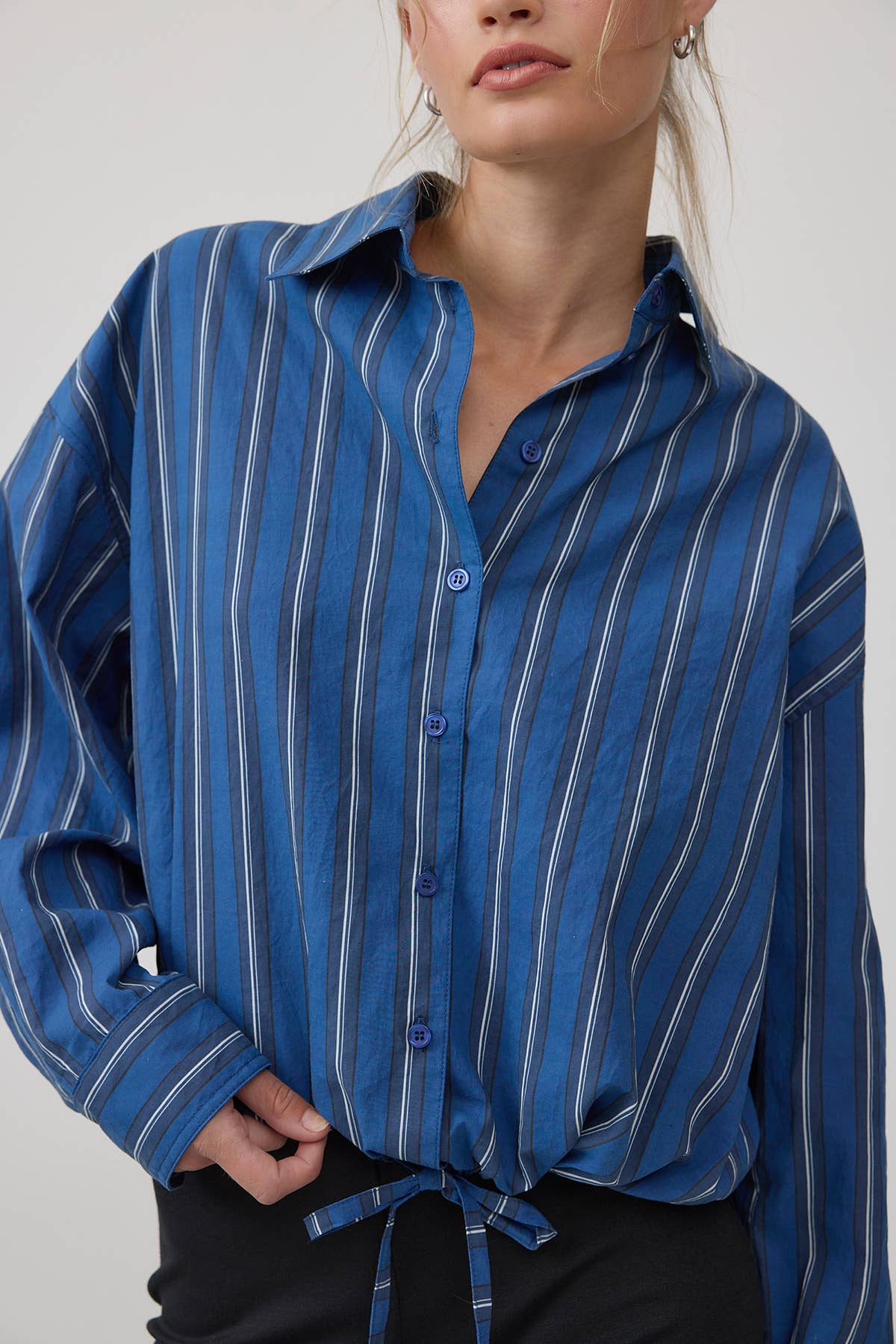Stripe Button-Up Drawstring Shirt