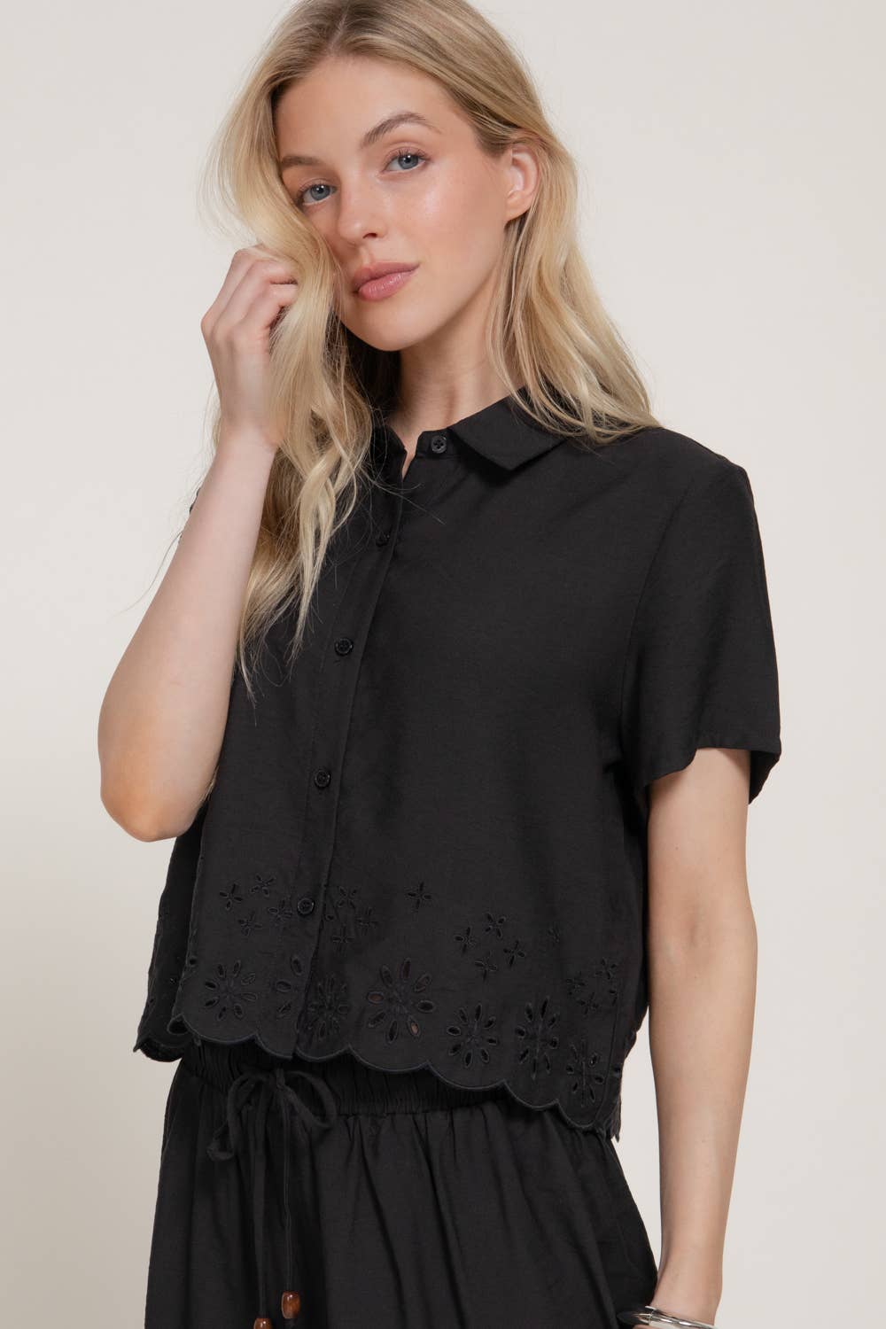 Button-Up Eyelet Hem Top