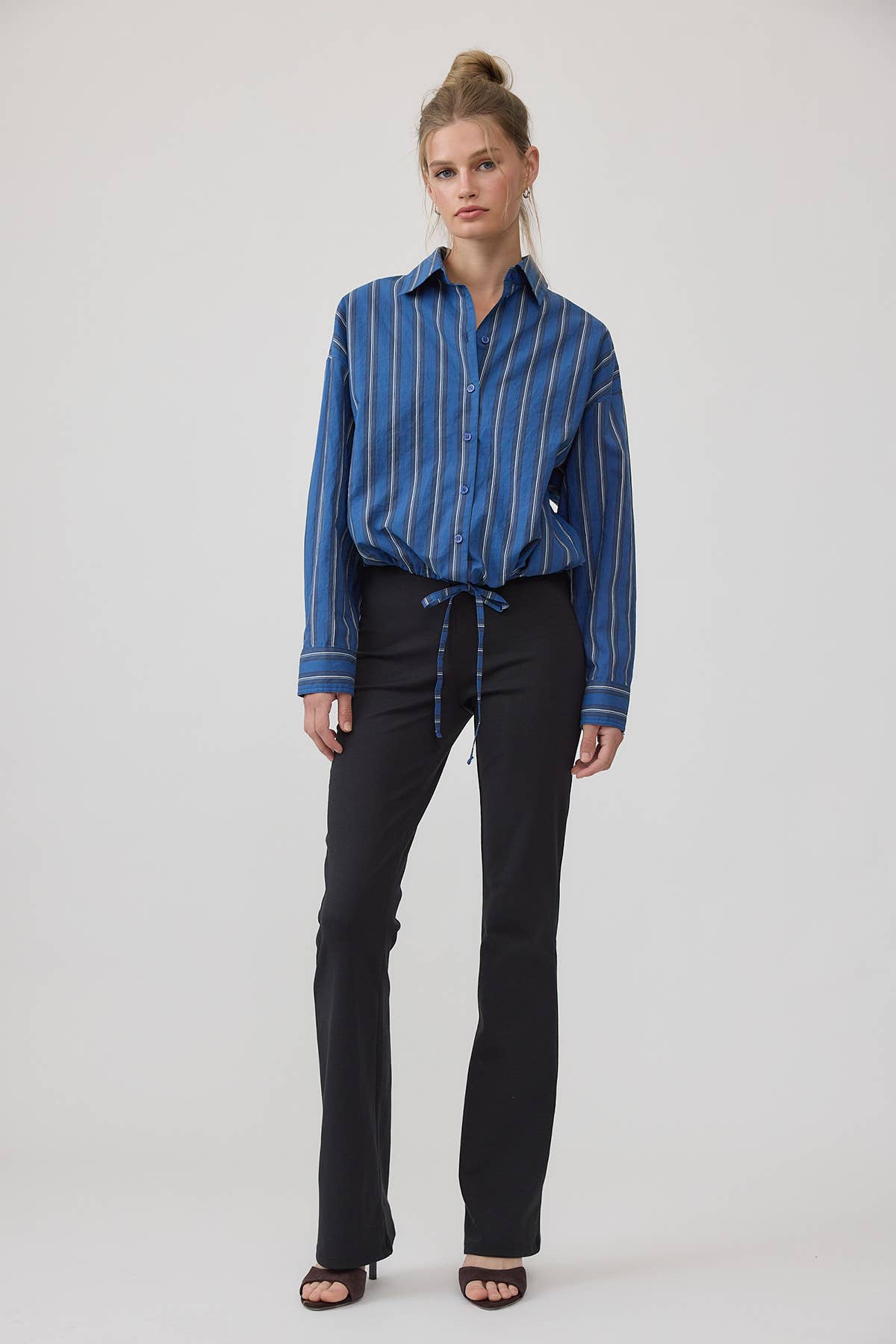 Stripe Button-Up Drawstring Shirt