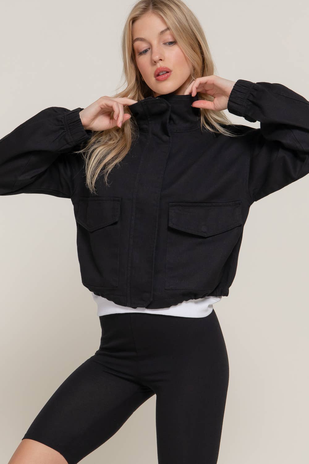 Cropped Zipper Twill Jacket