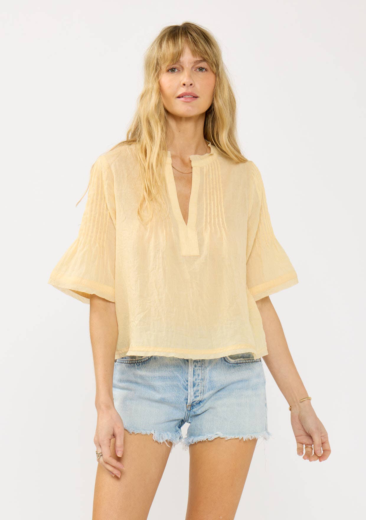 Short Sleeve Split-Neck Pintuck Top