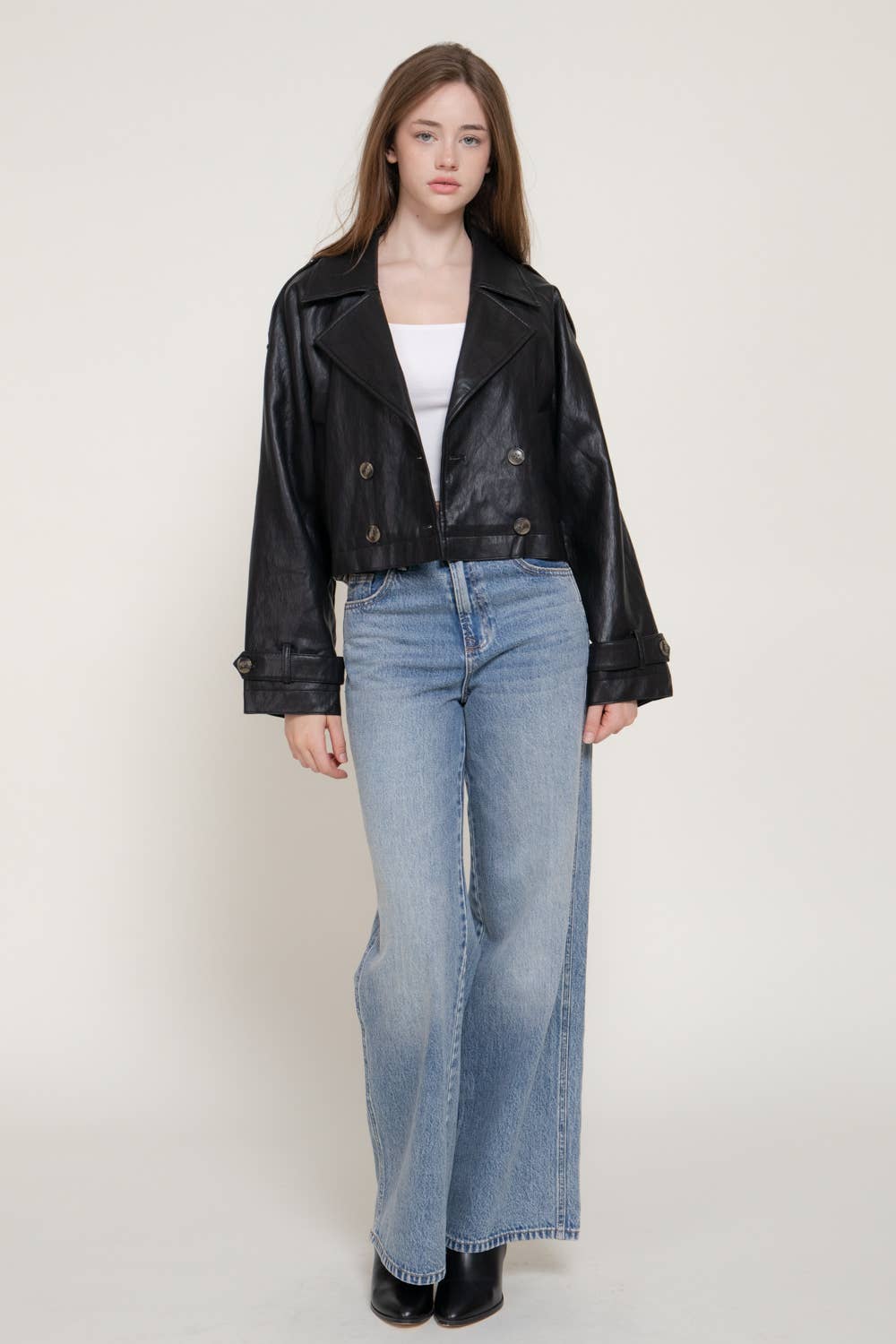 Faux Leather Cropped Trench Coat