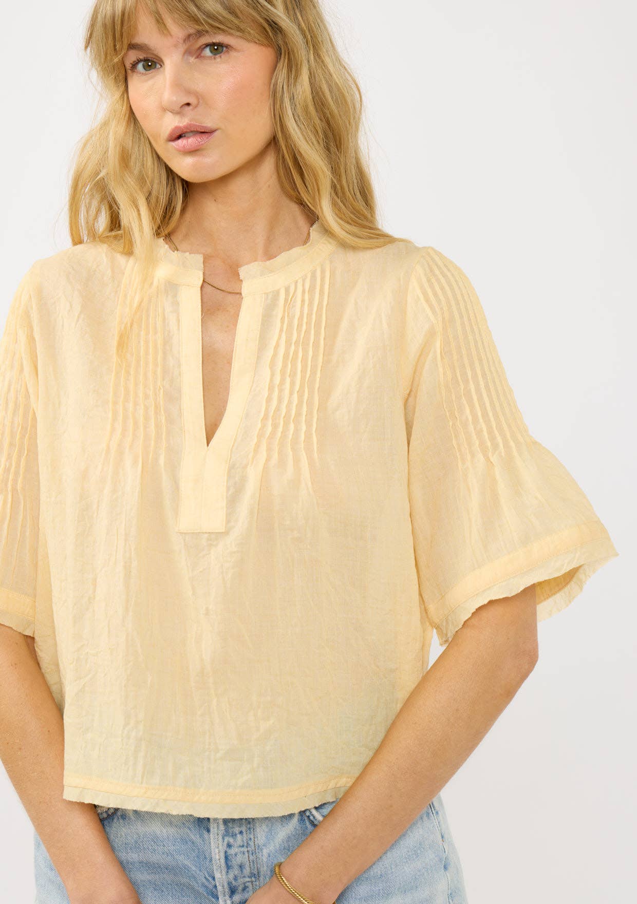 Short Sleeve Split-Neck Pintuck Top