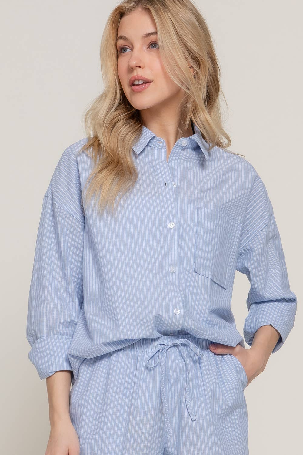 Long Sleeve Button Down Stripe Gauze Shirt