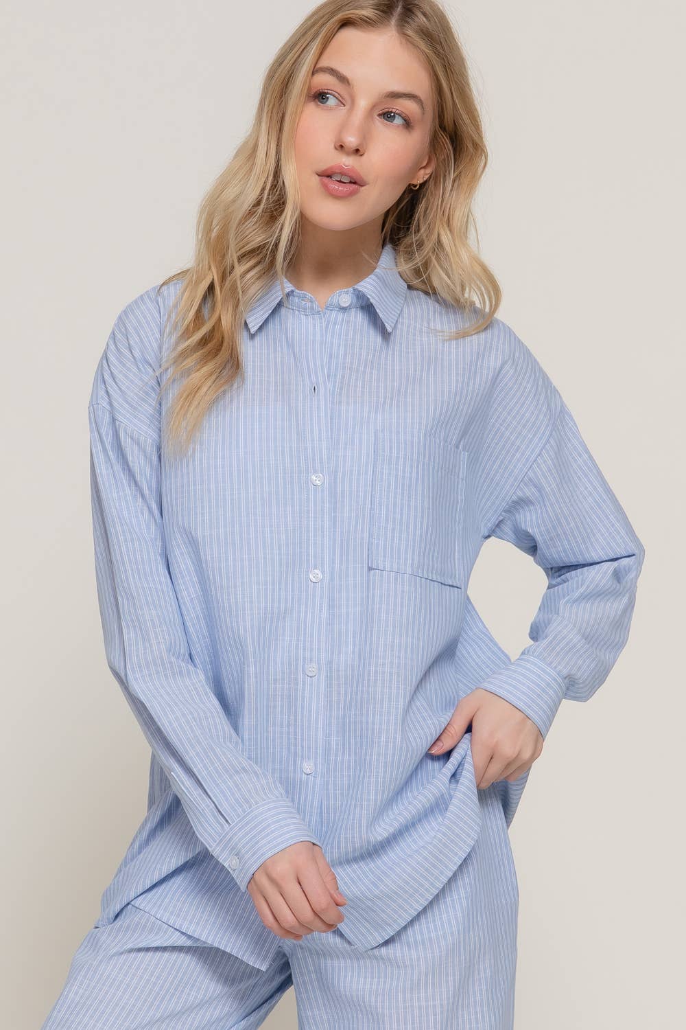 Long Sleeve Button Down Stripe Gauze Shirt