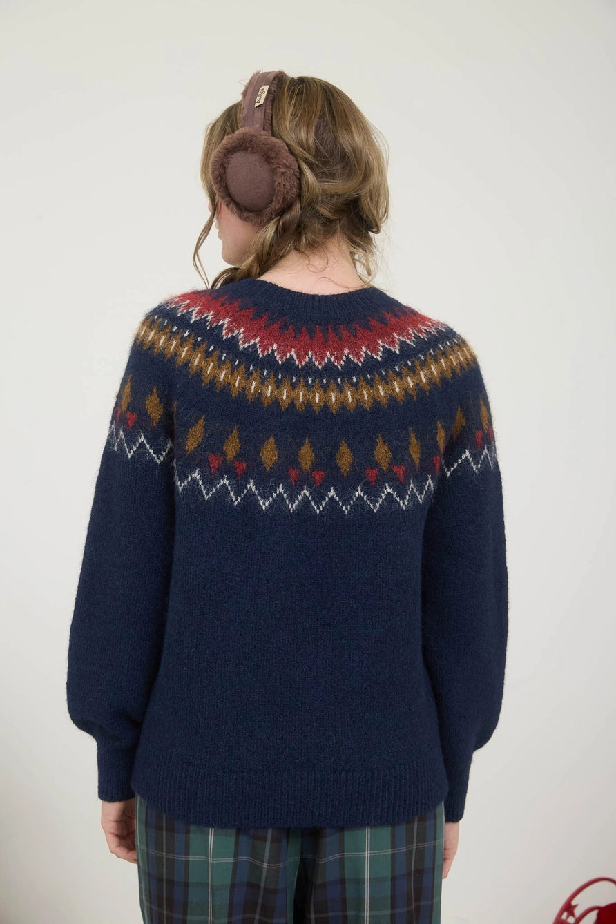 Fuzzy Fair Isle Crew Neck Sweater