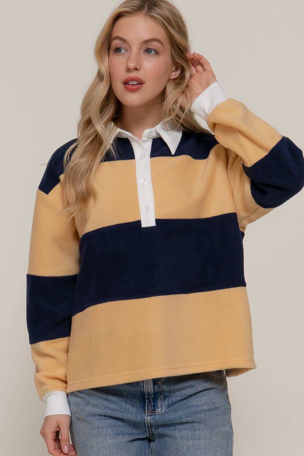 Rugby Stripe Fleece Polo Top