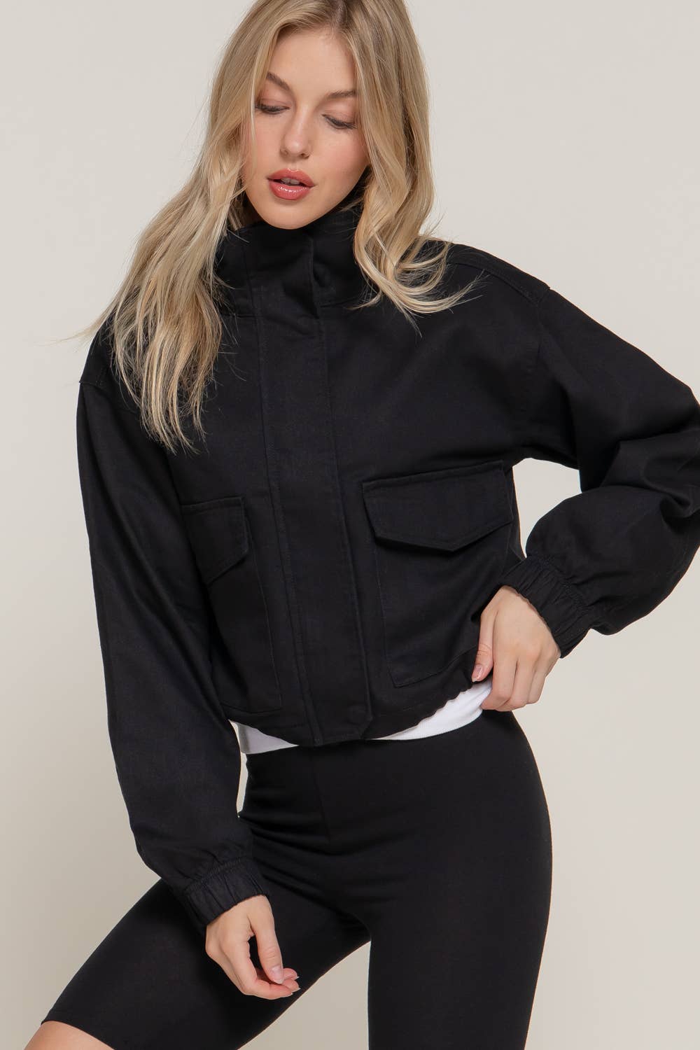 Cropped Zipper Twill Jacket