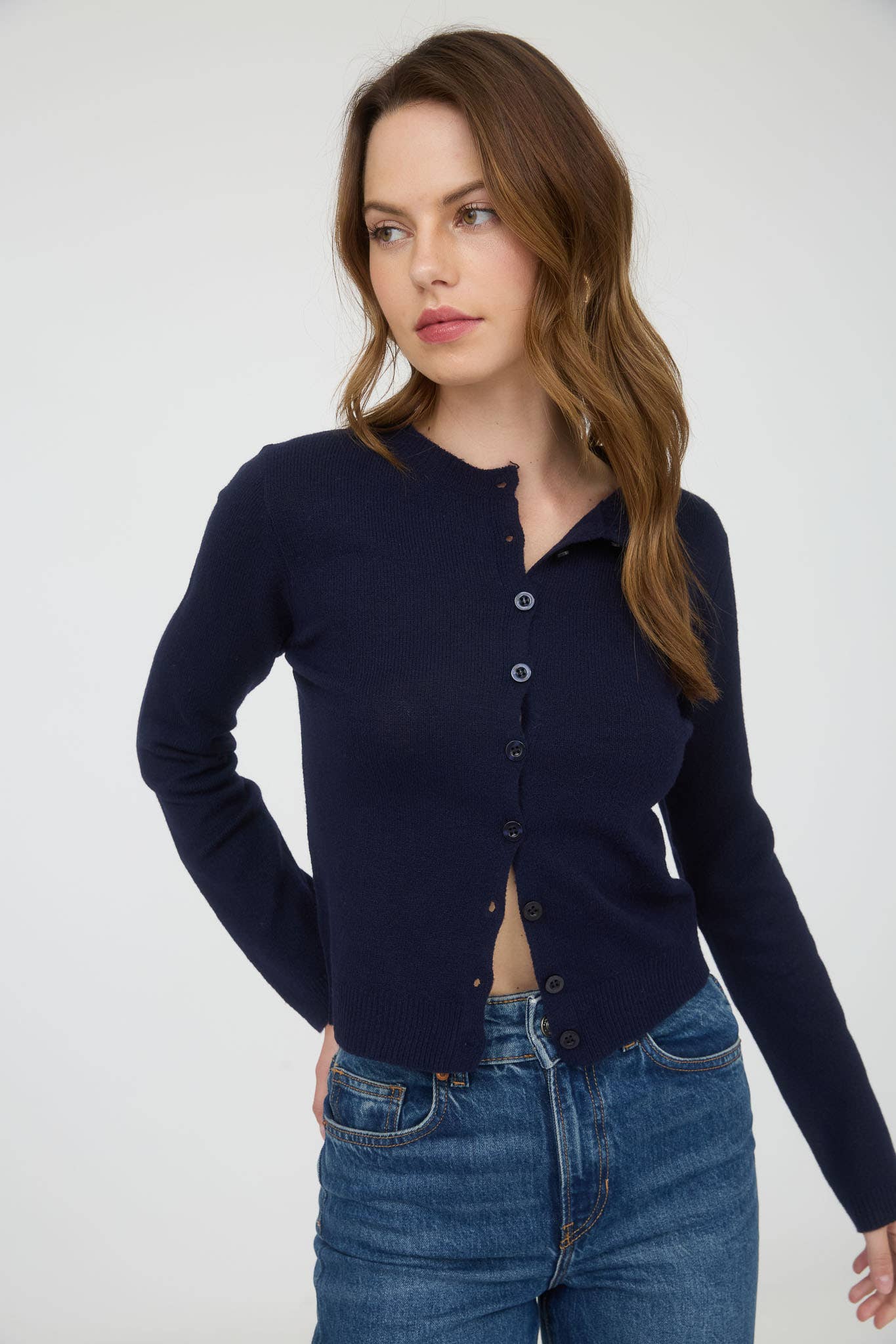 Round Neck Button Down Long Sleeve Cardigan