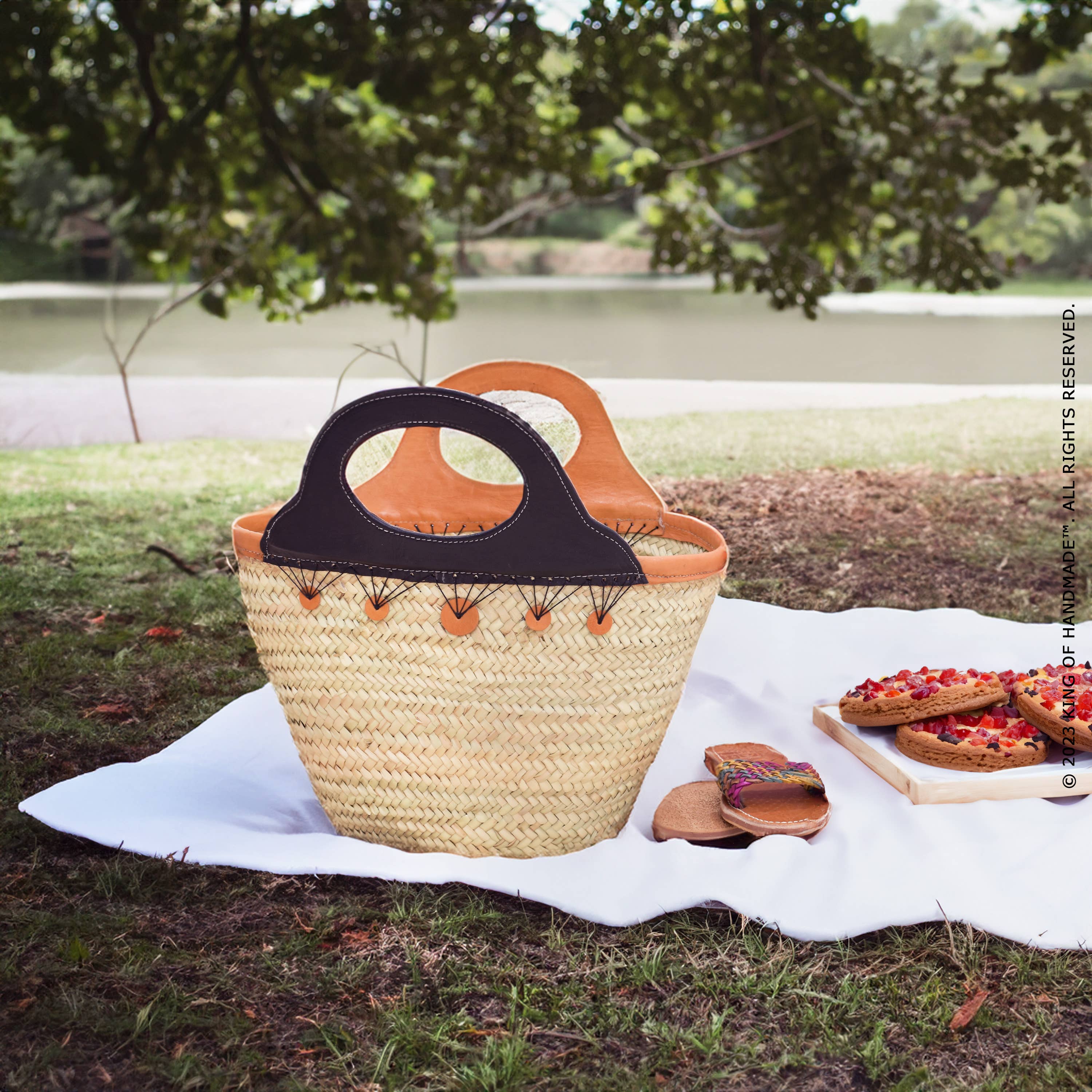 Leather Handle Straw Bag