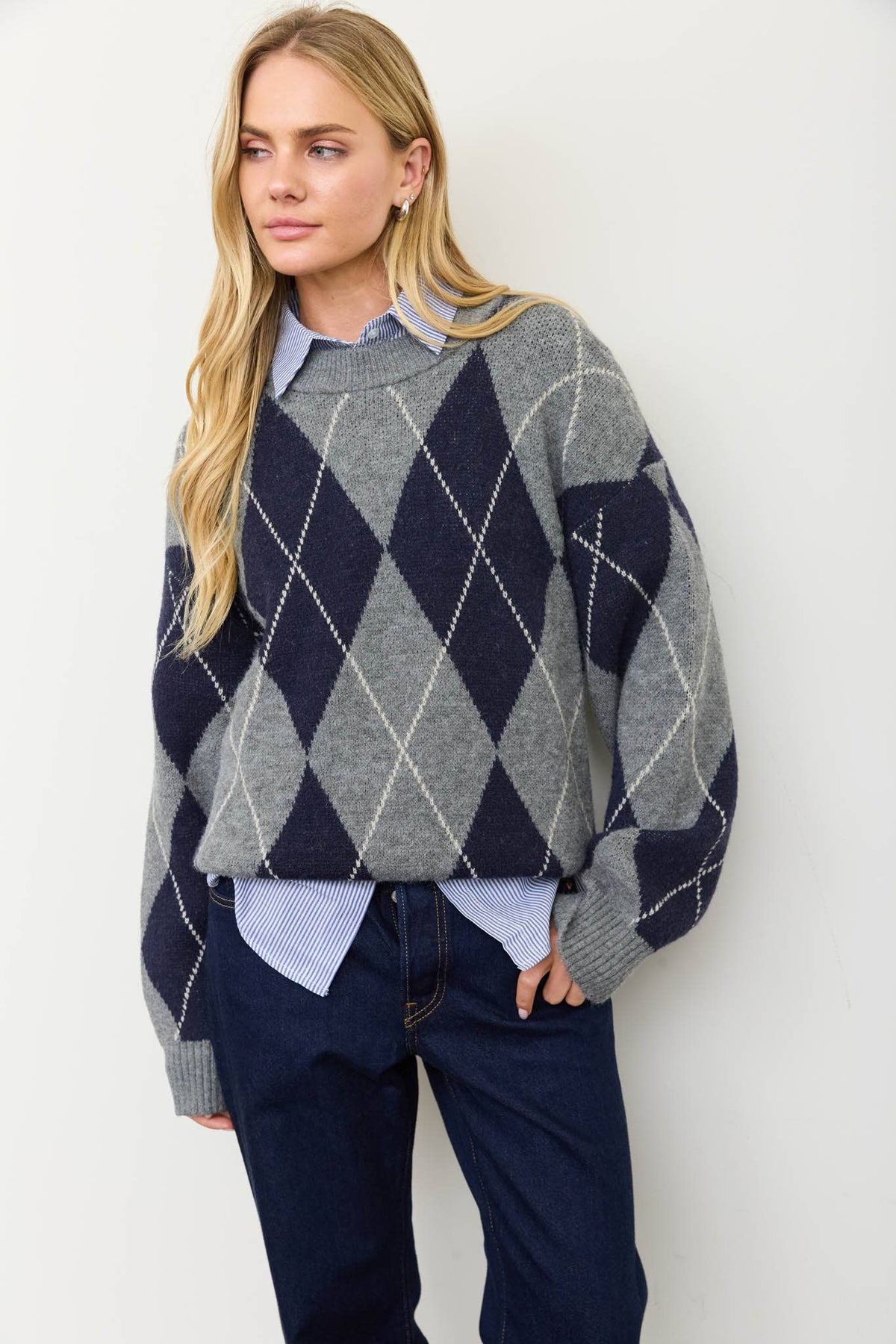Oversized Argyle Knit Pullover