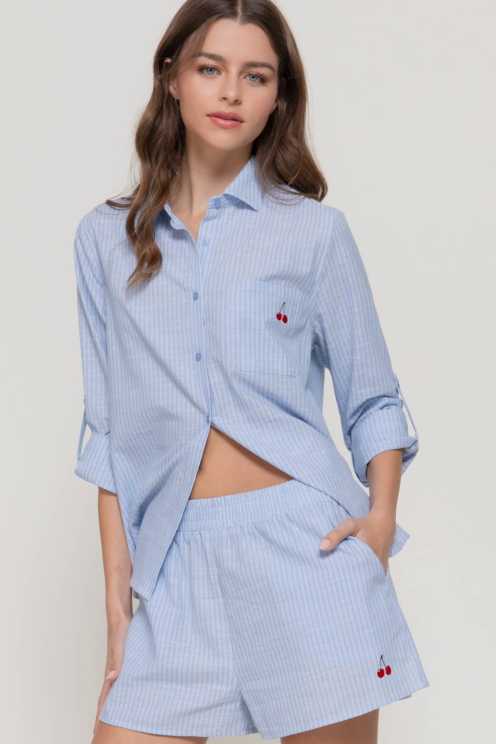 Cherry Embroidery Button Down