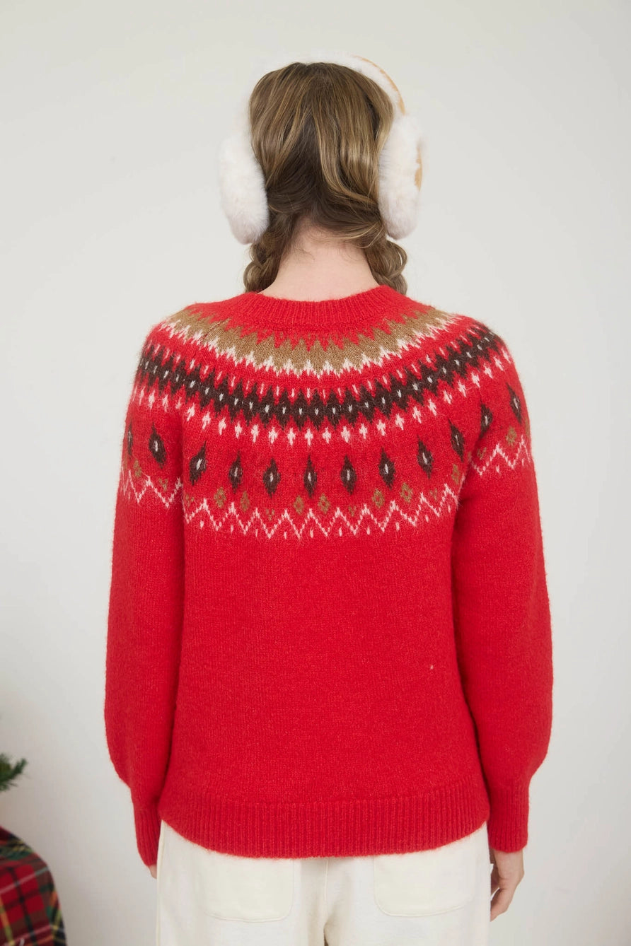 Fuzzy Fair Isle Crew Neck Sweater
