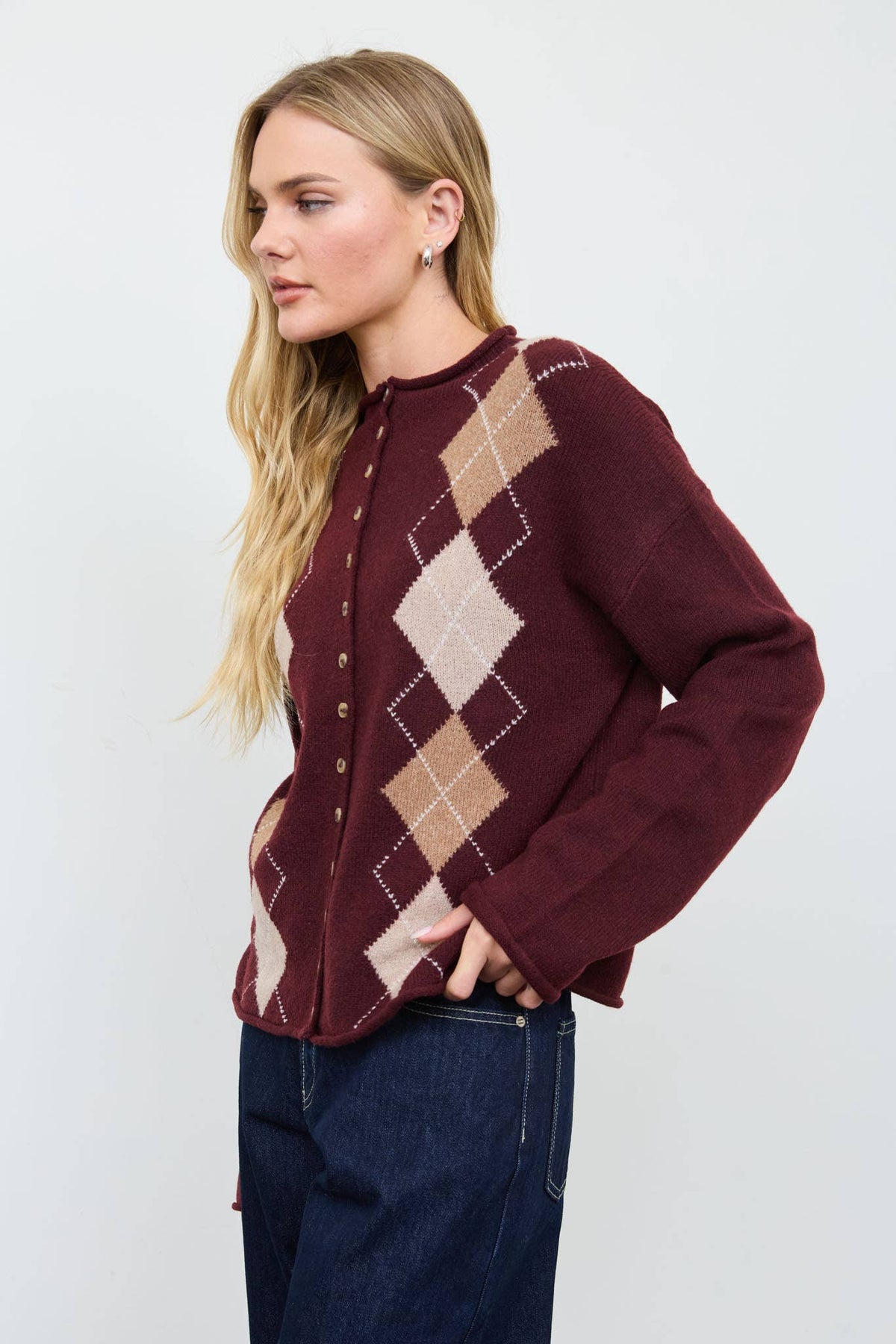 Argyle Mock Neck Button Down Cardigan
