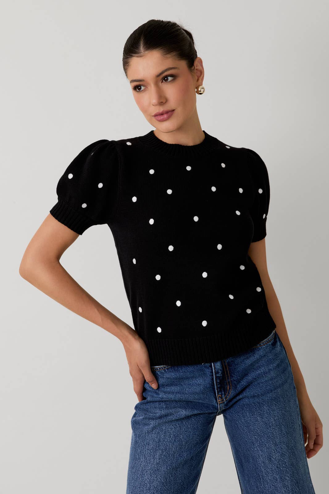 Puff Sleeve Polka Dot Sweater Top