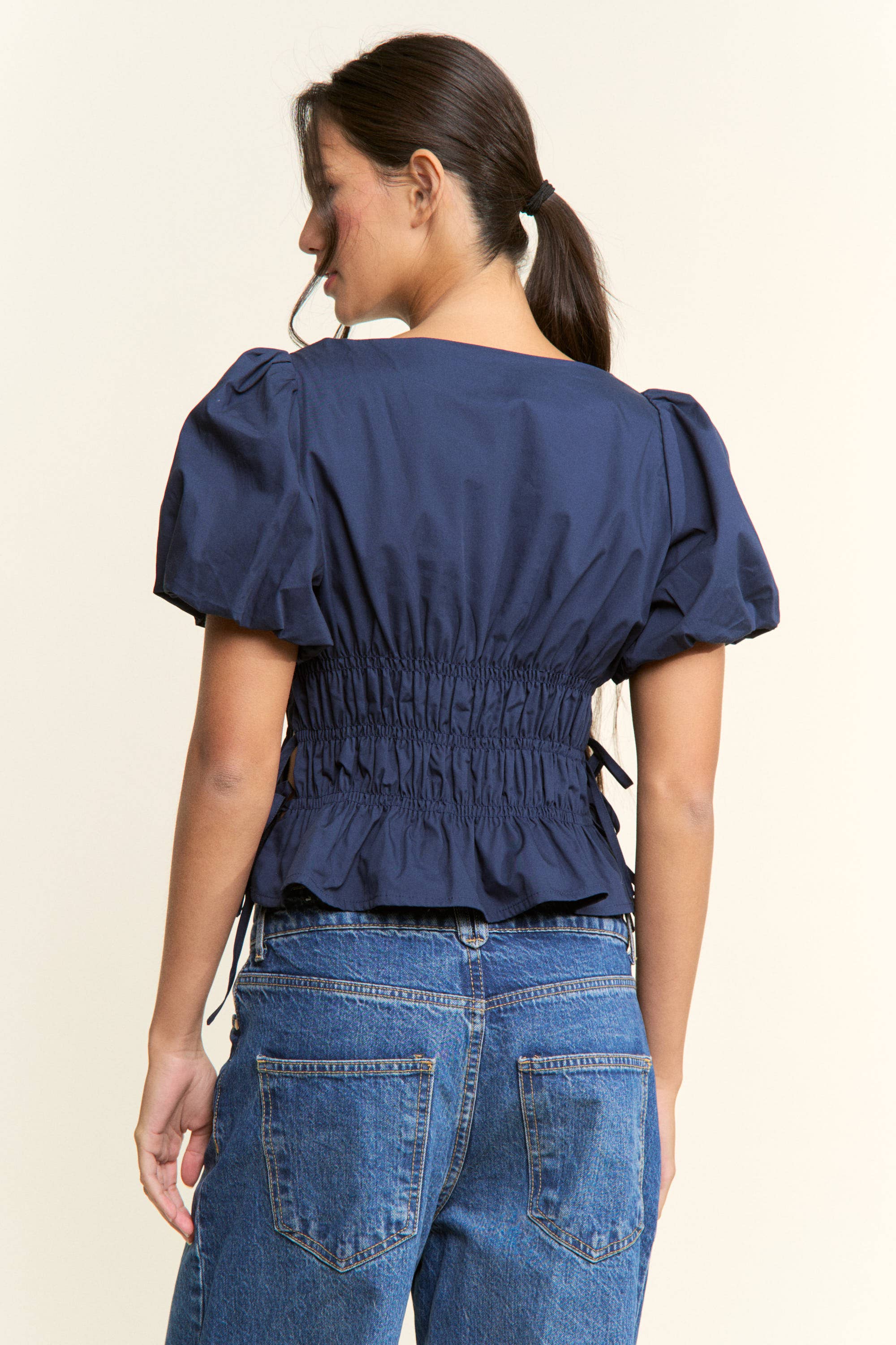 Boat Neckline Smocked Puff Sleeve Top