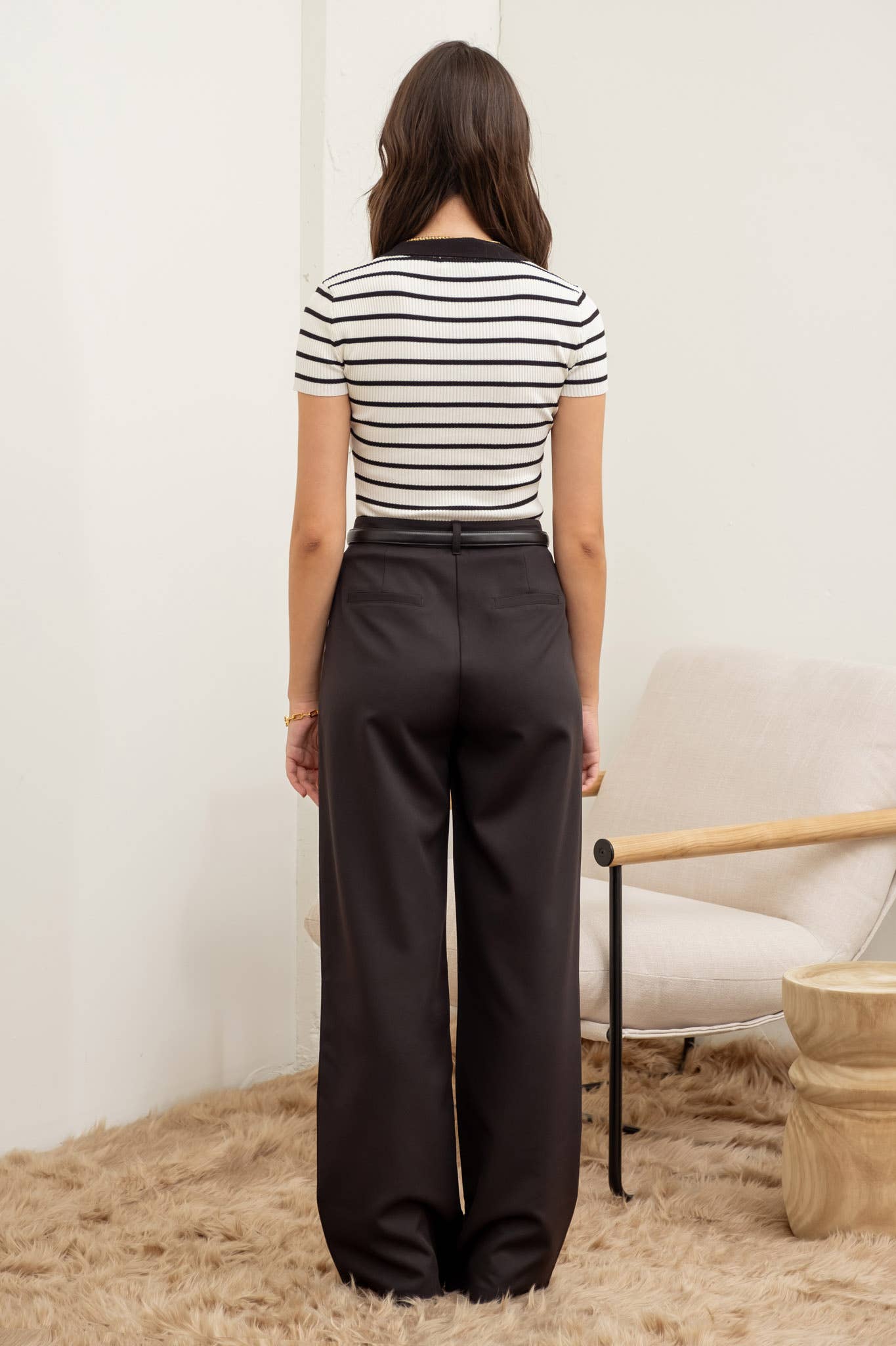 Stripe Collared Short Sleeve Sweater Knit Top