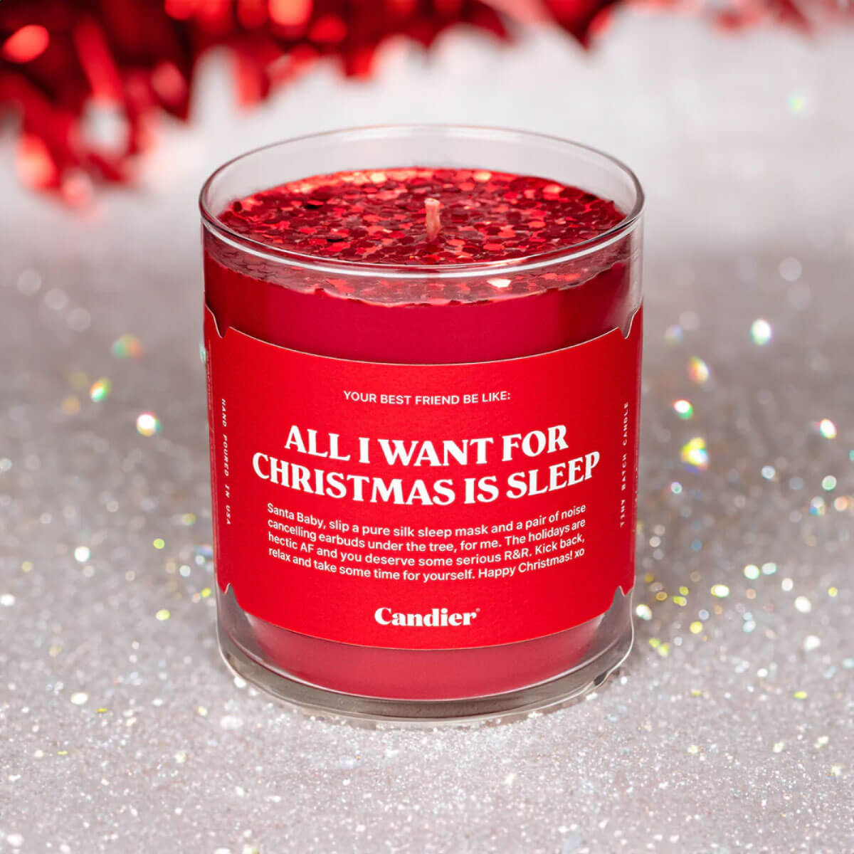 All I Want Glitter Candle by Candier red front | MILK MONEY milkmoney.co | soy wax candles, small candles. natural candles, organic candles, scented soy candles, concrete candle, hand poured candles, hand poured soy candles, cement candle, hand poured soy wax candles, scented hand poured candles, hand poured scented candles