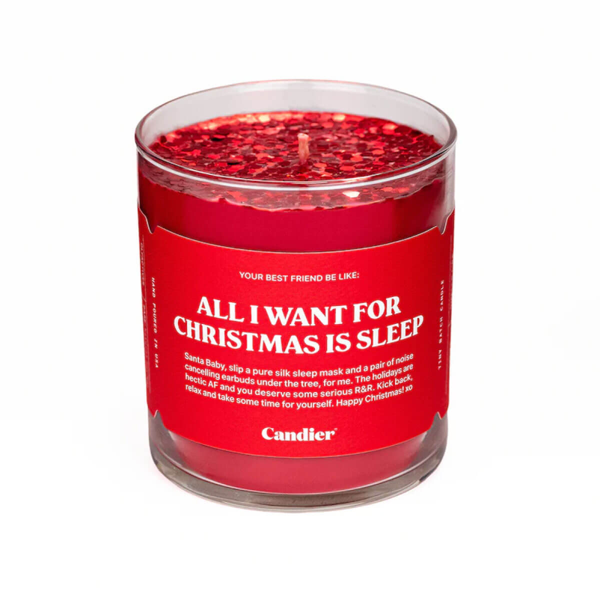 All I Want Glitter Candle by Candier red front | MILK MONEY milkmoney.co | soy wax candles, small candles. natural candles, organic candles, scented soy candles, concrete candle, hand poured candles, hand poured soy candles, cement candle, hand poured soy wax candles, scented hand poured candles, hand poured scented candles