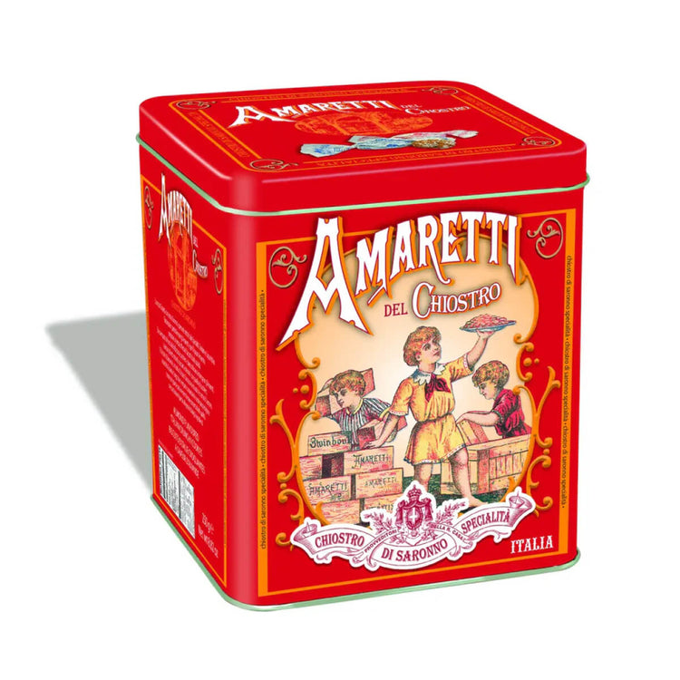 Amaretti di Saronno in Decorative Square Tin front red | MILK MONEY milkmoney.co | white elephant gift ideas, gift, mother's day gift ideas, white elephant gift, gift shops near me, cute home decor, mother's day gift, cute home accents, handmade in USA, elegant home decor, luxury home, luxury gifts
