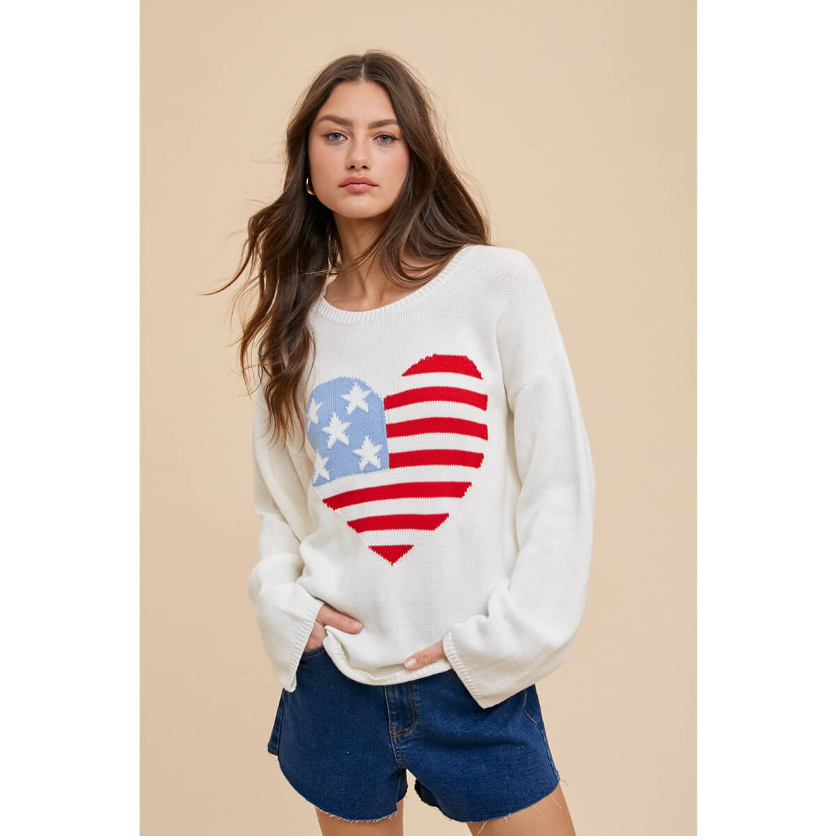 American Flag Heart Knit Sweater front white | MILK MONEY milkmoney.co | cute tops for women. trendy tops for women. cute blouses for women. stylish tops for women. pretty womens tops. 