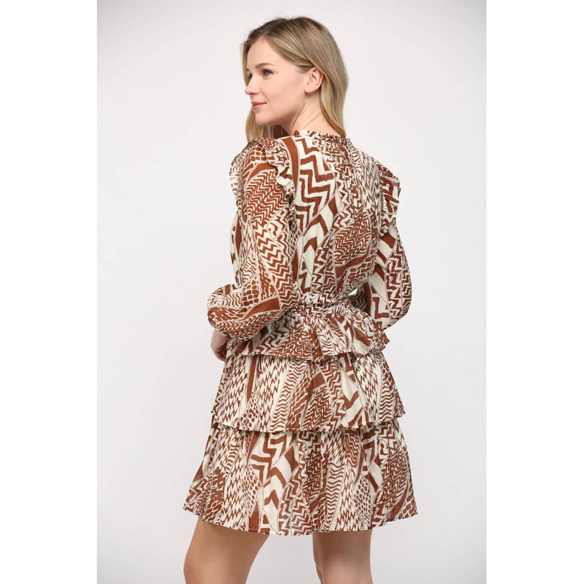 Animal Print Long Sleeve Ruffle Dress back  brown | MILK MONEY milkmoney.co | cute clothes for women. womens online clothing. trendy online clothing stores. womens casual clothing online. trendy clothes online. trendy women's clothing online. ladies online clothing stores. trendy women's clothing stores. cute female clothes.