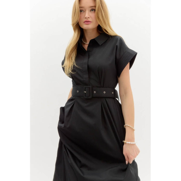 Belted Shirt Midi Dress  black front | MILK MONEY milkmoney.co | cute clothes for women. womens online clothing. trendy online clothing stores. womens casual clothing online. trendy clothes online. trendy women's clothing online. ladies online clothing stores. trendy women's clothing stores. cute female clothes.
