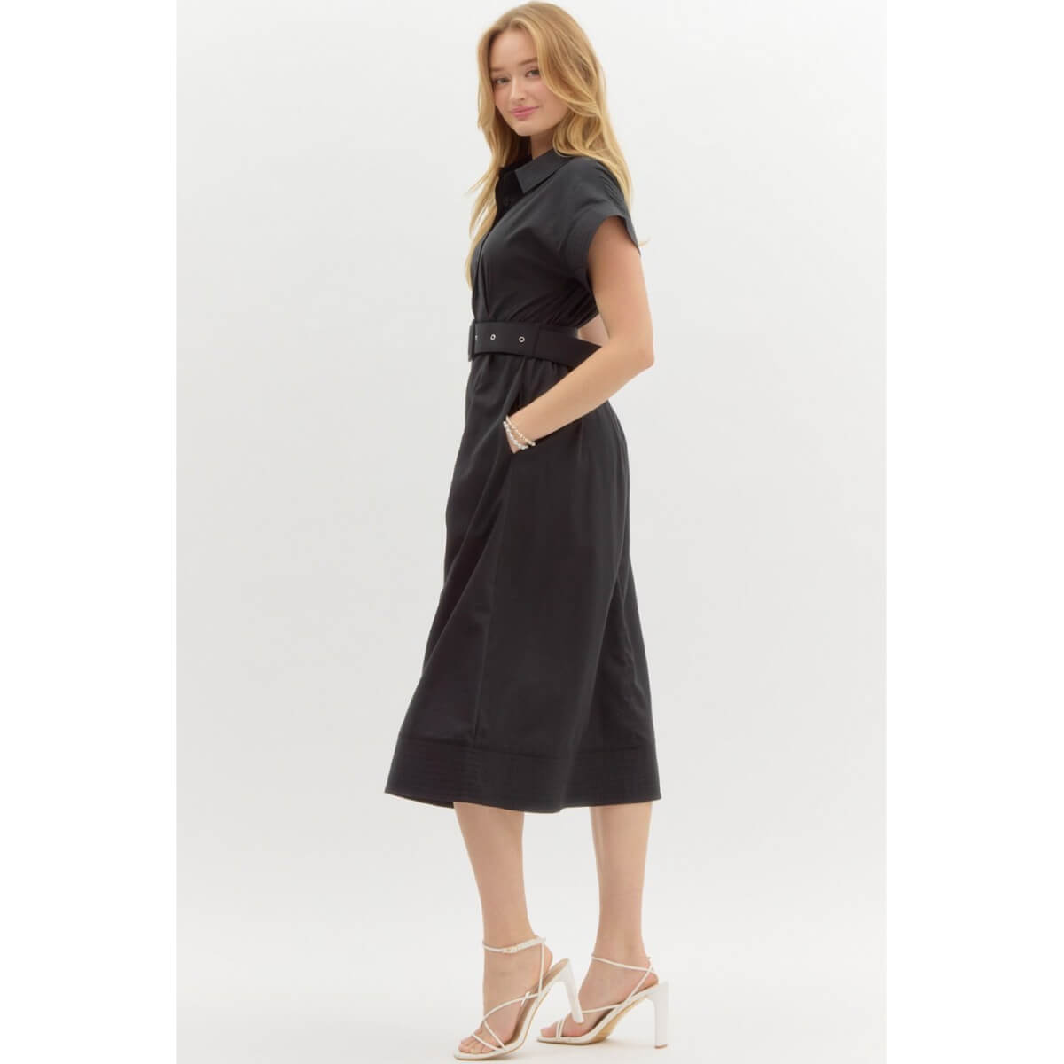 Belted Shirt Midi Dress  black side | MILK MONEY milkmoney.co | cute clothes for women. womens online clothing. trendy online clothing stores. womens casual clothing online. trendy clothes online. trendy women's clothing online. ladies online clothing stores. trendy women's clothing stores. cute female clothes.
