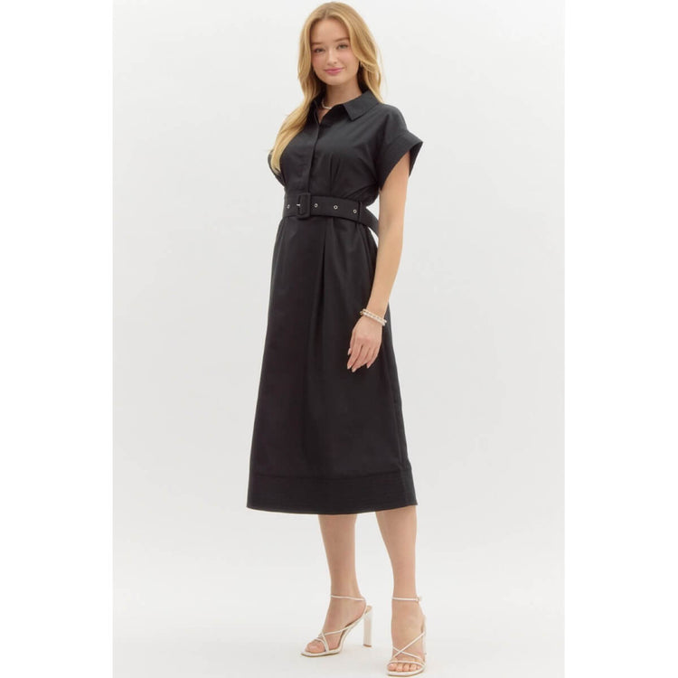 Belted Shirt Midi Dress  black side | MILK MONEY milkmoney.co | cute clothes for women. womens online clothing. trendy online clothing stores. womens casual clothing online. trendy clothes online. trendy women's clothing online. ladies online clothing stores. trendy women's clothing stores. cute female clothes.
