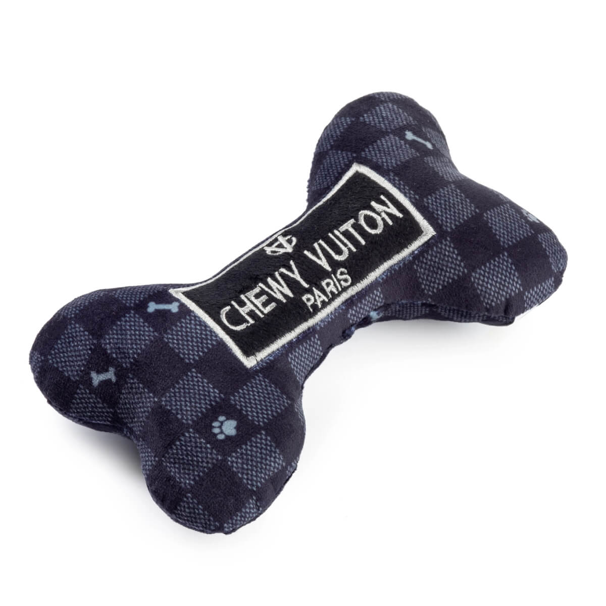 Black Checker Chewy Vuiton Bone Squeaker Dog Toy front | MILK MONEY milkmoney.co | white elephant gift ideas, gift, mother's day gift ideas, white elephant gift, gift shops near me