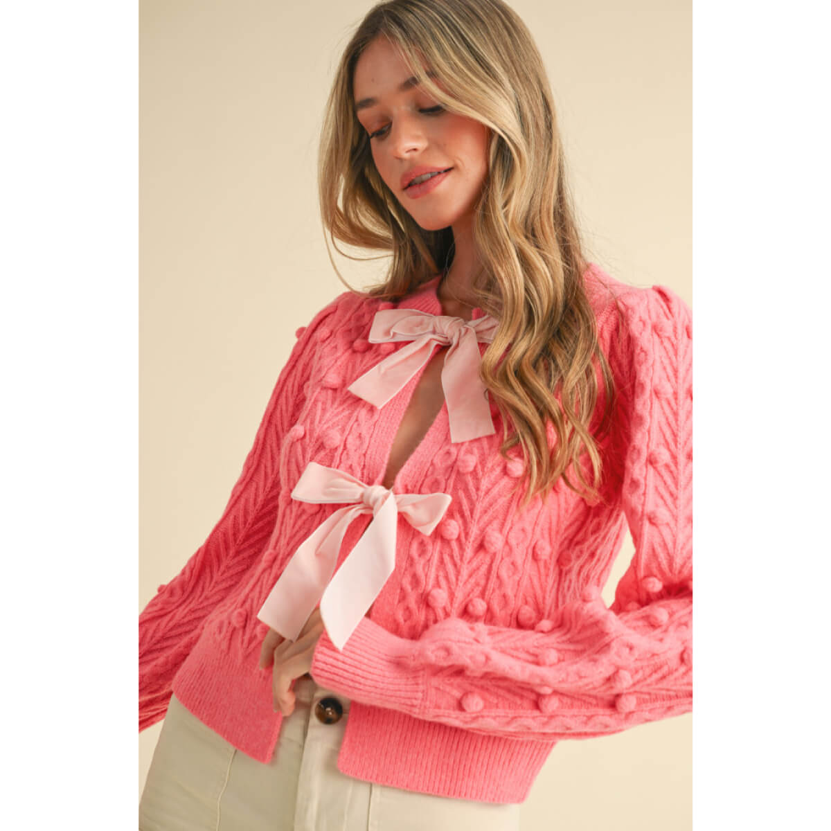 Bow-Front Cable Knit Cardigan pink front | MILK MONEY milkmoney.co | cute tops for women. trendy tops for women. cute blouses for women. stylish tops for women. pretty womens tops. 
