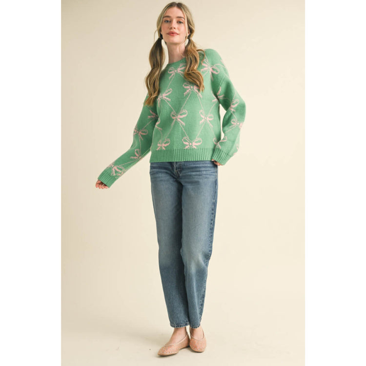 Bow Pattern Knit Sweater green front | MILK MONEY milkmoney.co | cute sweaters for women, cute knit sweaters, cute pullover sweaters
