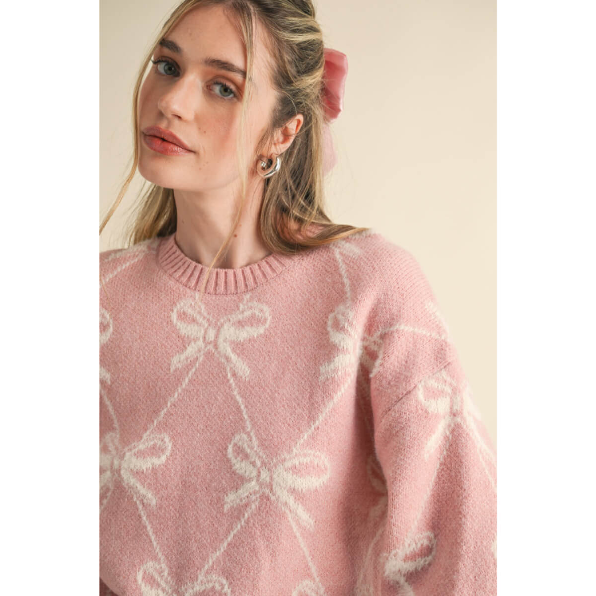 Bow Pattern Knit Sweater pink front | MILK MONEY milkmoney.co | cute sweaters for women, cute knit sweaters, cute pullover sweaters
