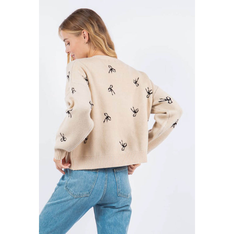 Bow Pattern Pullover Sweater oatmeal abck | MILK MONEY milkmoney.co | cute clothes for women. womens online clothing. trendy online clothing stores. womens casual clothing online. trendy clothes online. trendy women's clothing online. ladies online clothing stores. trendy women's clothing stores. cute female clothes.